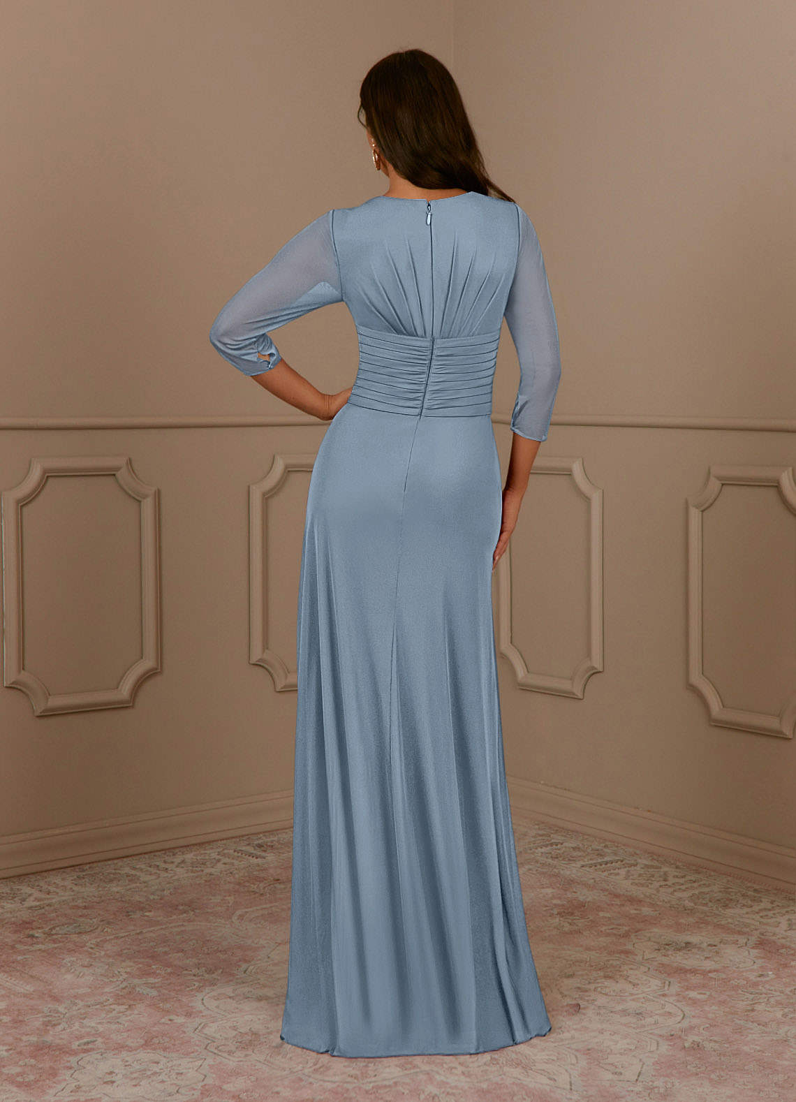 Azazie Annetta Abiti per la Madre della Sposa Abito A-Line in Maglia Plissettao con Scollo a V Blu Polveroso image3
