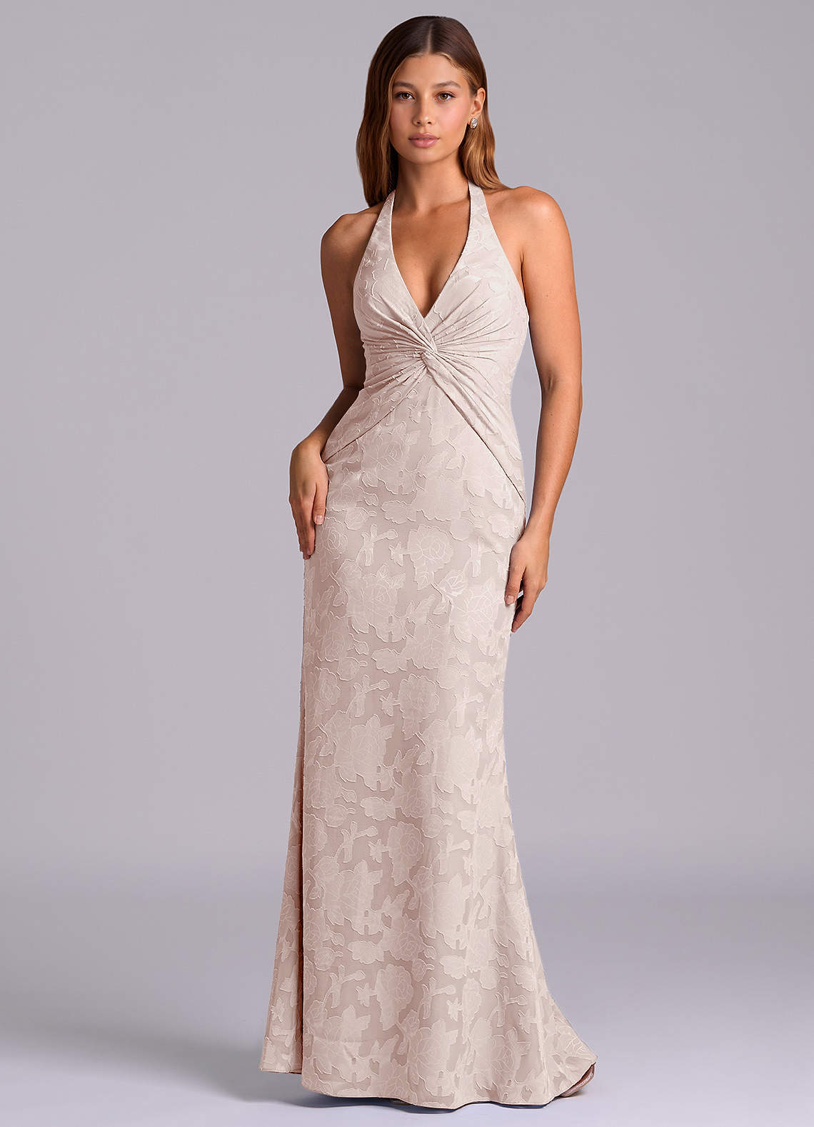 Azazie Valerie 신부 들러리 드레스 인어 주름진 플로럴 번아웃 바닥 길이 드레스 image1