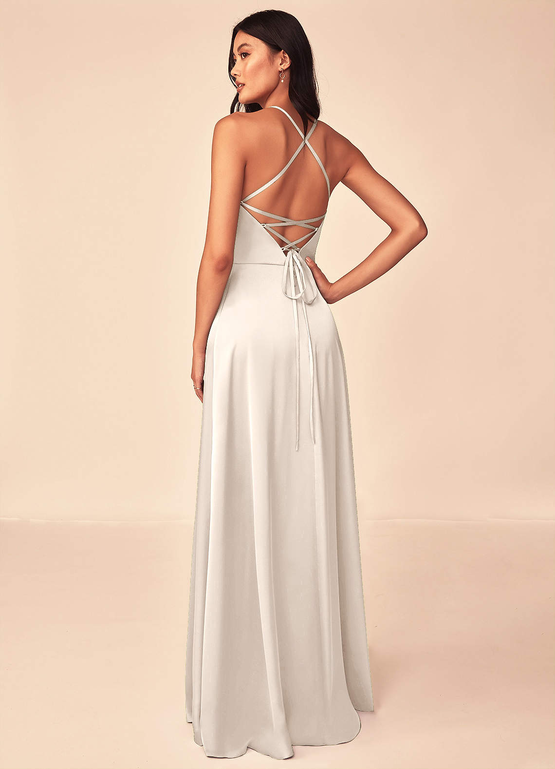 azazie white alabaster bridesmaid dress A-Line V-Neck Floor-Length Stretch Satin Dresses Short Dresses – Ribbon RUNS_LARGE The fitted skirt gently Color:Indian