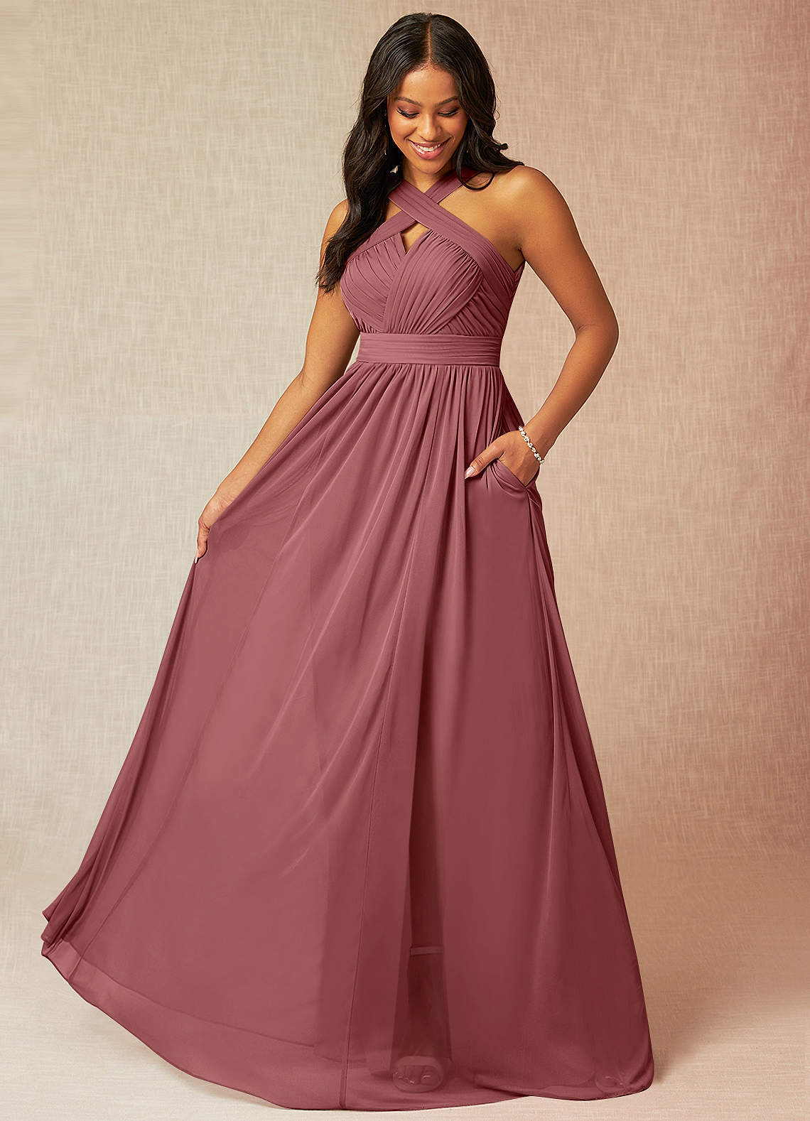 Azazie Hillian Bridesmaid Dresses Amethyst A-Line Halter Pleated Mesh Dress image1