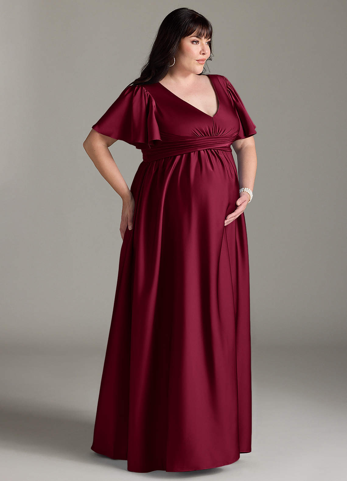Azazie Verna vestidos de dama de honor de maternidad Vestido de Corte En A Volante Hasta el suelo Satén Elástico image11