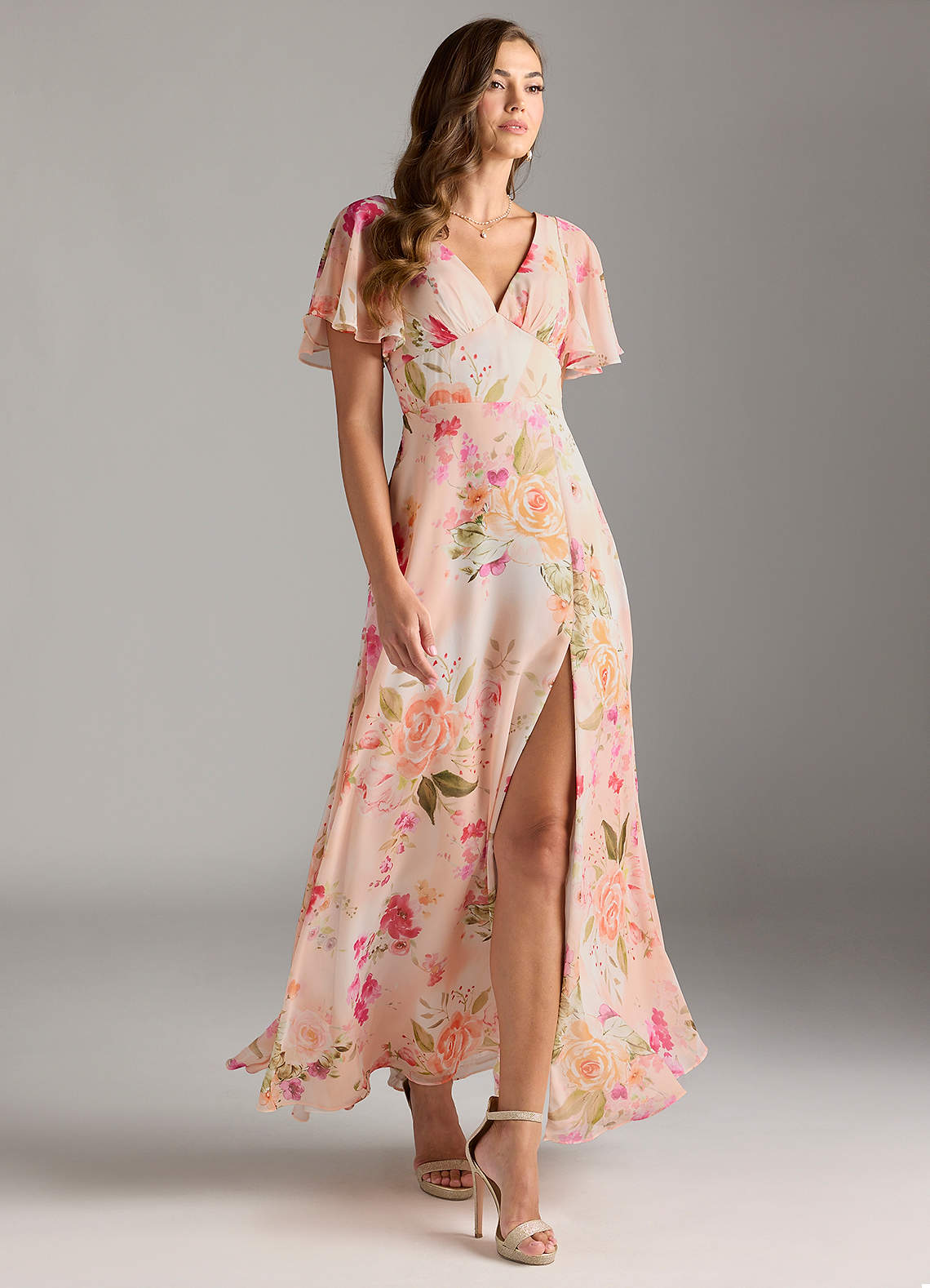 Azazie Kimber Abiti da Damigella Abito A-Line in Chiffon con Maniche a Volant Abstract Bouquet Floral image3