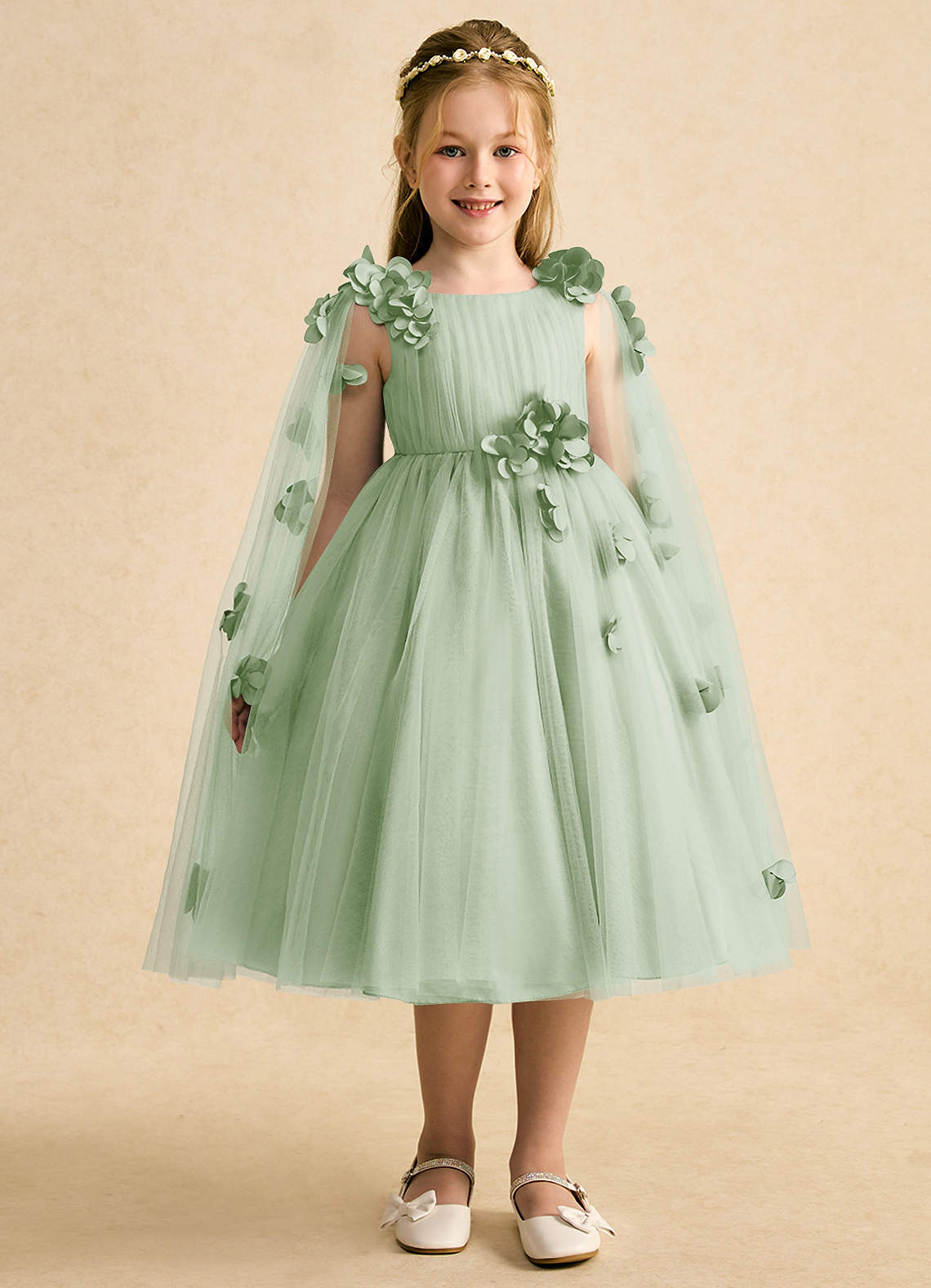 Azazie Staria Flower Girl Dresses Dusty Sage Ball-Gown Ruched Tulle Dress image5