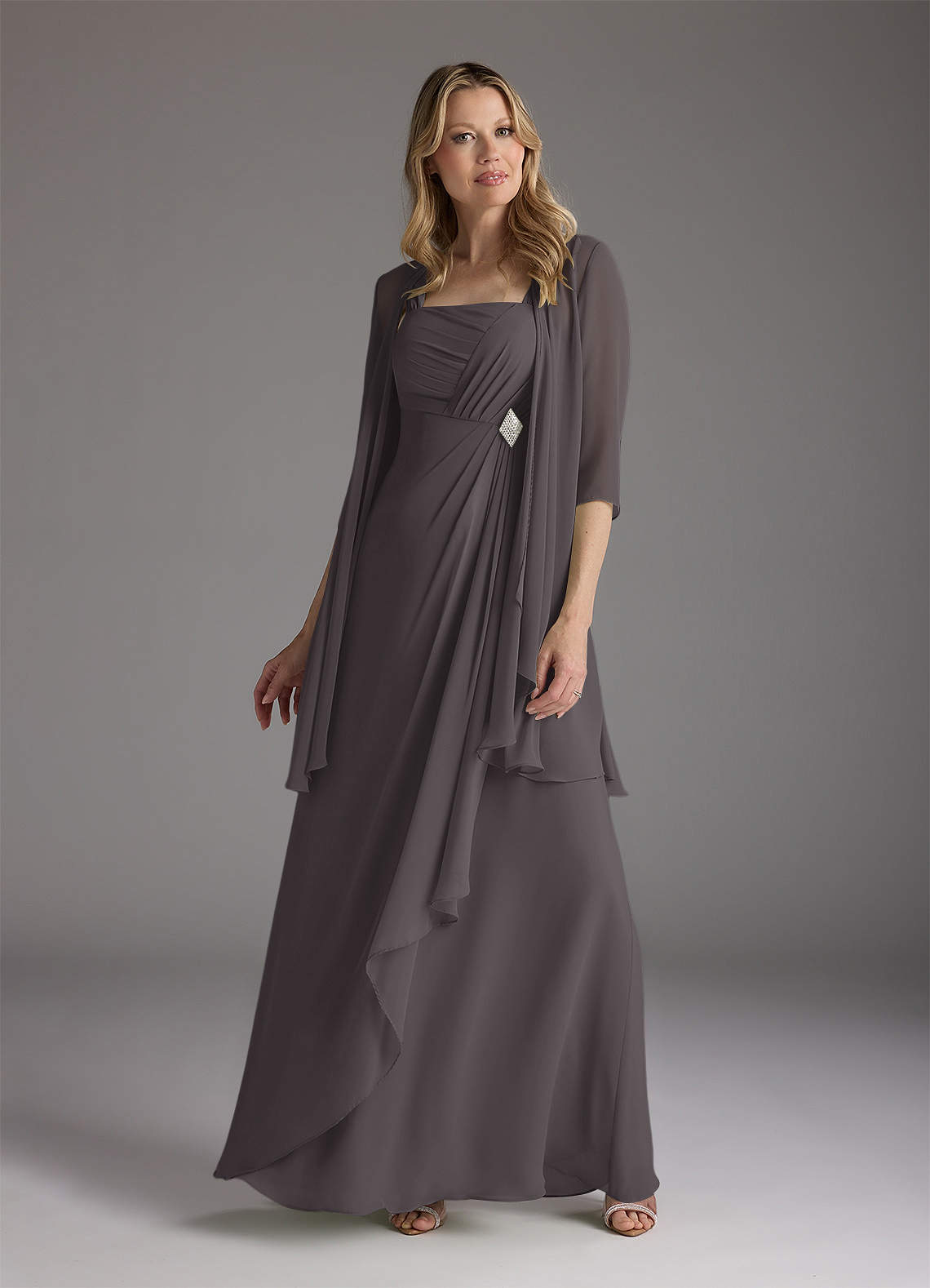 Azazie Weisz Steel Grey A-Line Square Neckline Pleated Chiffon
