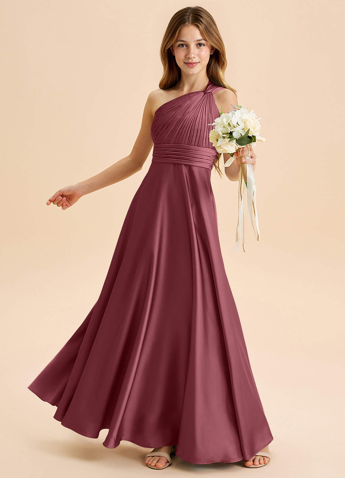 Azazie Charlize Junior Jurk van Stretch Satijn met A-Lijn Geplooid Woestijnroos image3