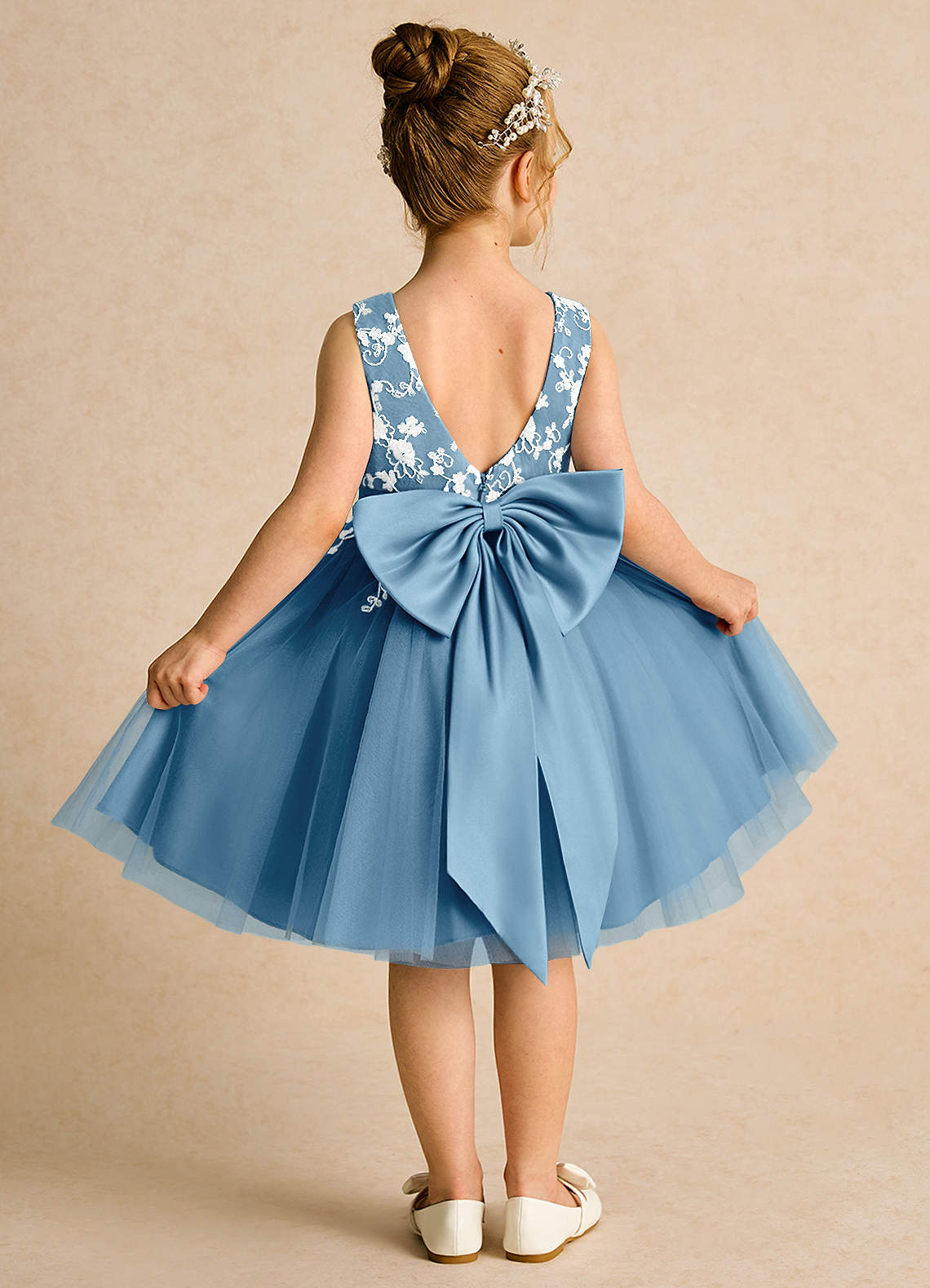 Azazie Butterfly Flower Girl Dresses Steel Blue A-Line Lace Dress image1