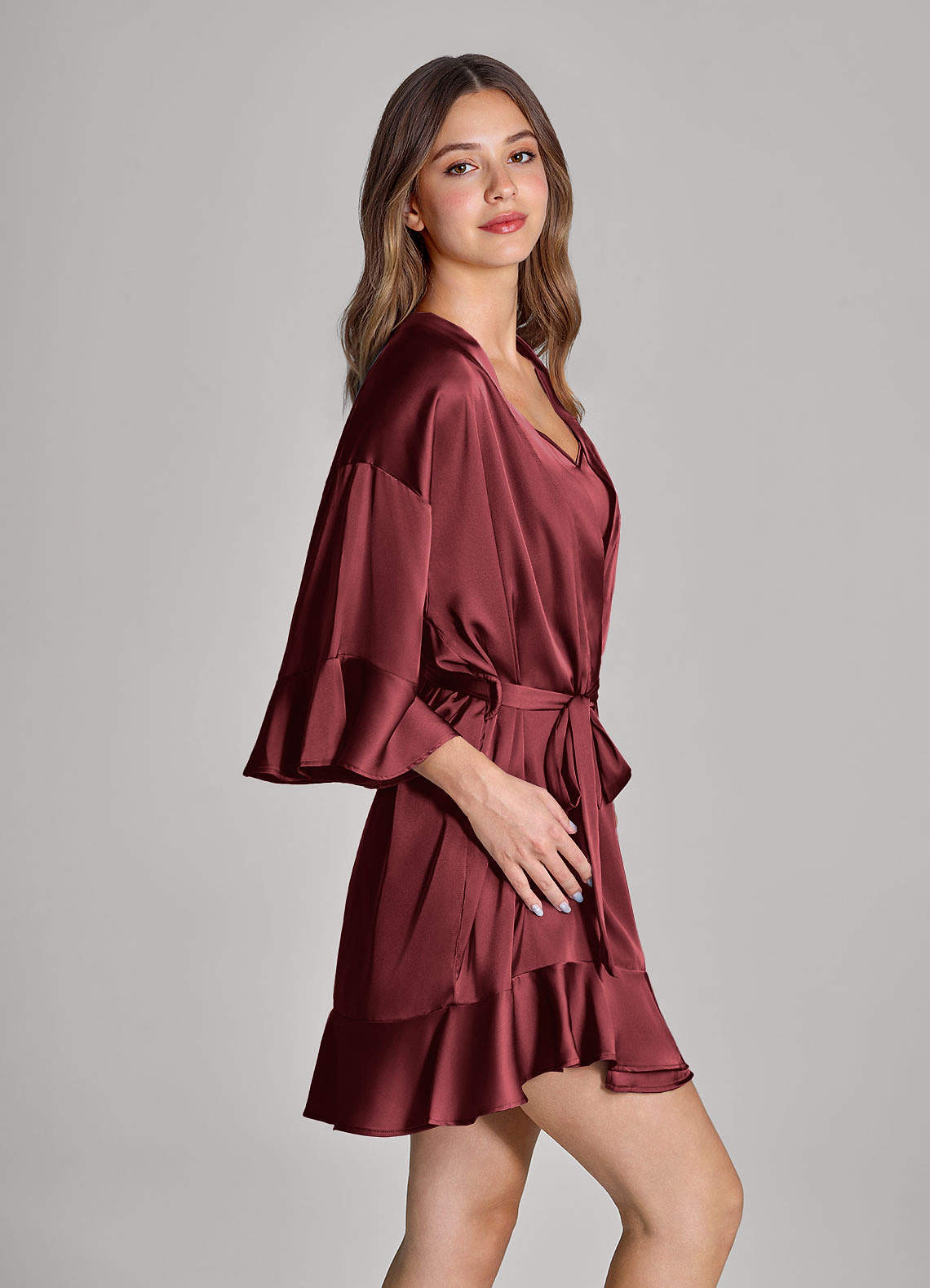 front Matching Color Ruffled Satin Robe