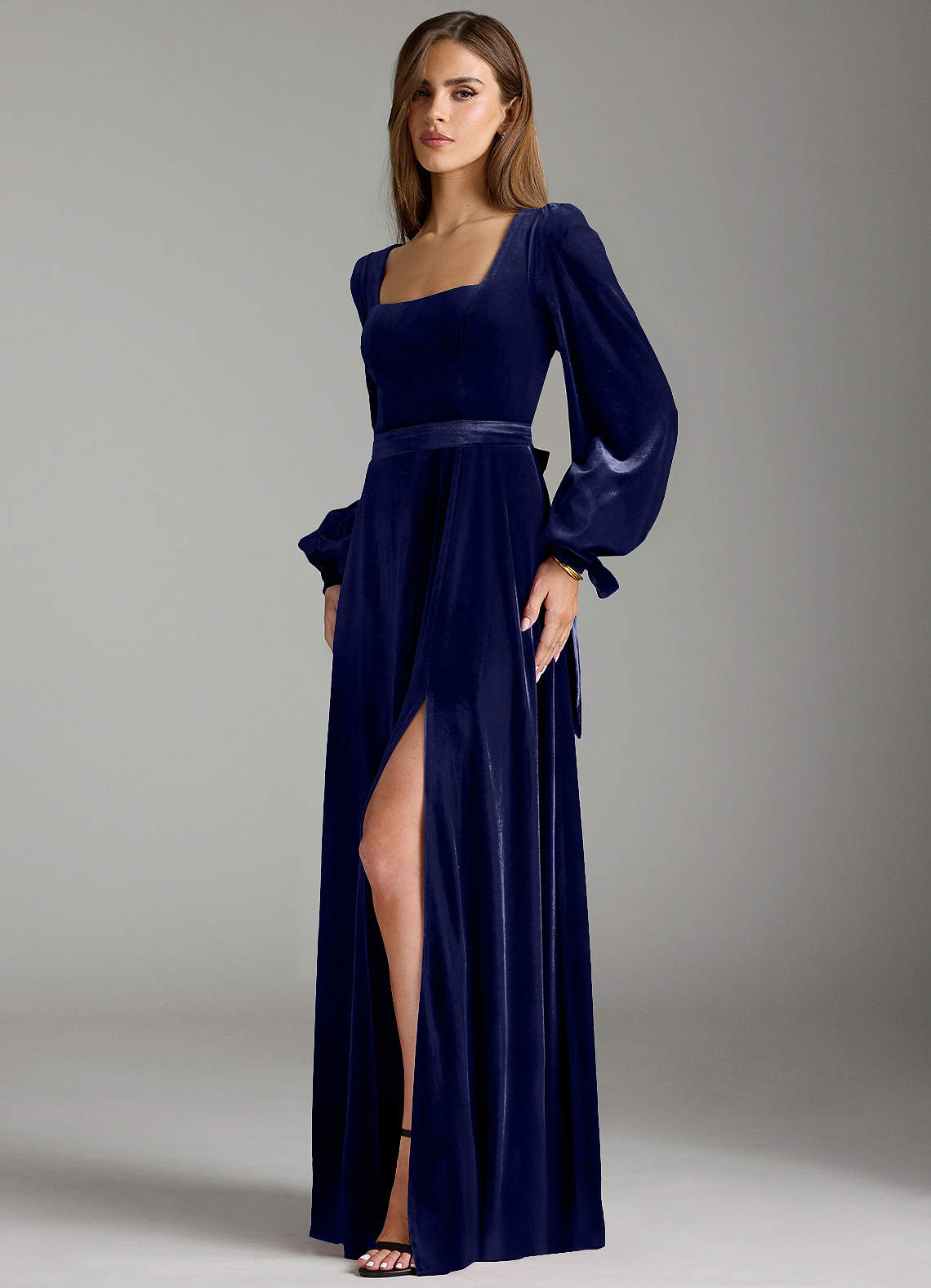 long sleeve velvet bridesmaid dresses Sleeves Tea Length Dress a leg slit Long Sleeve Velvet Evening Gown
