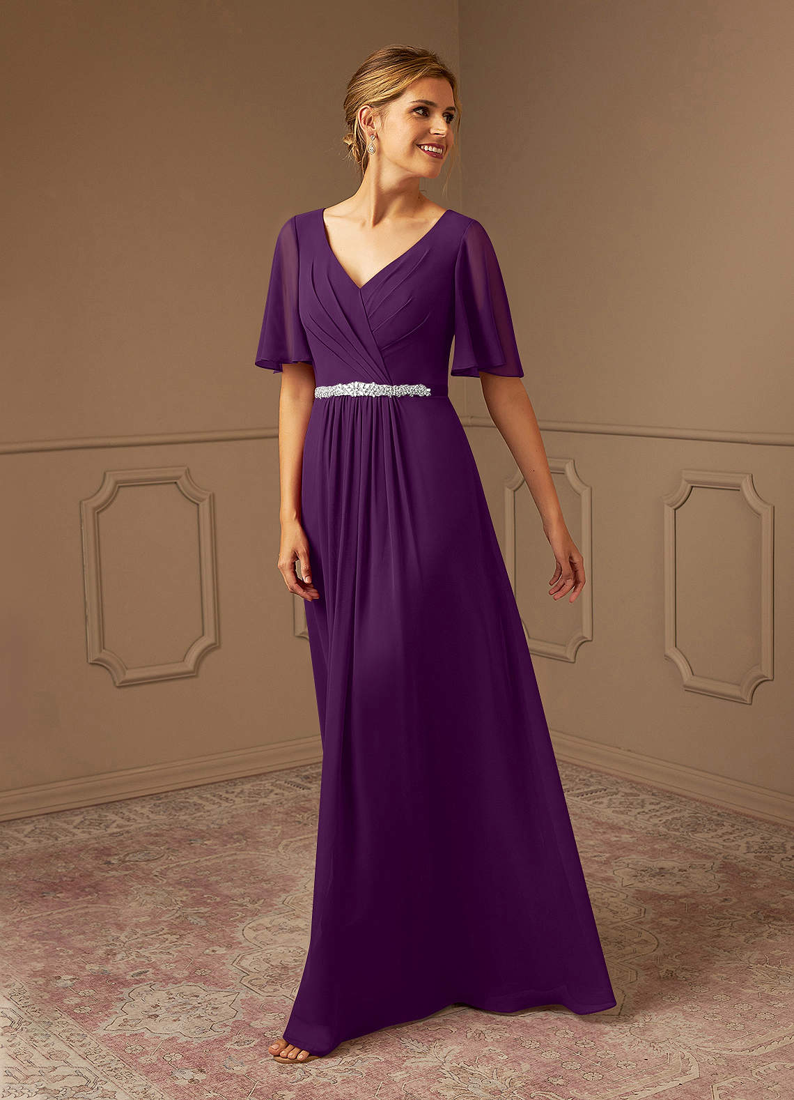 Azazie Tricia Grape A-Line V-Neck Pleated Chiffon Dress | Azazie