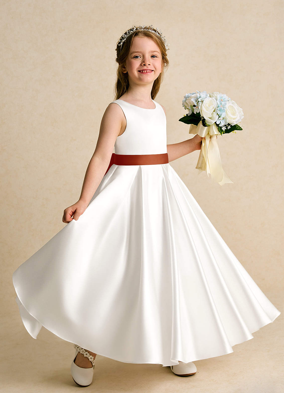 Azazie Cherry Flower Girl Dresses Ivory Paprika Ball-Gown Pleated Matte Satin Dress image2