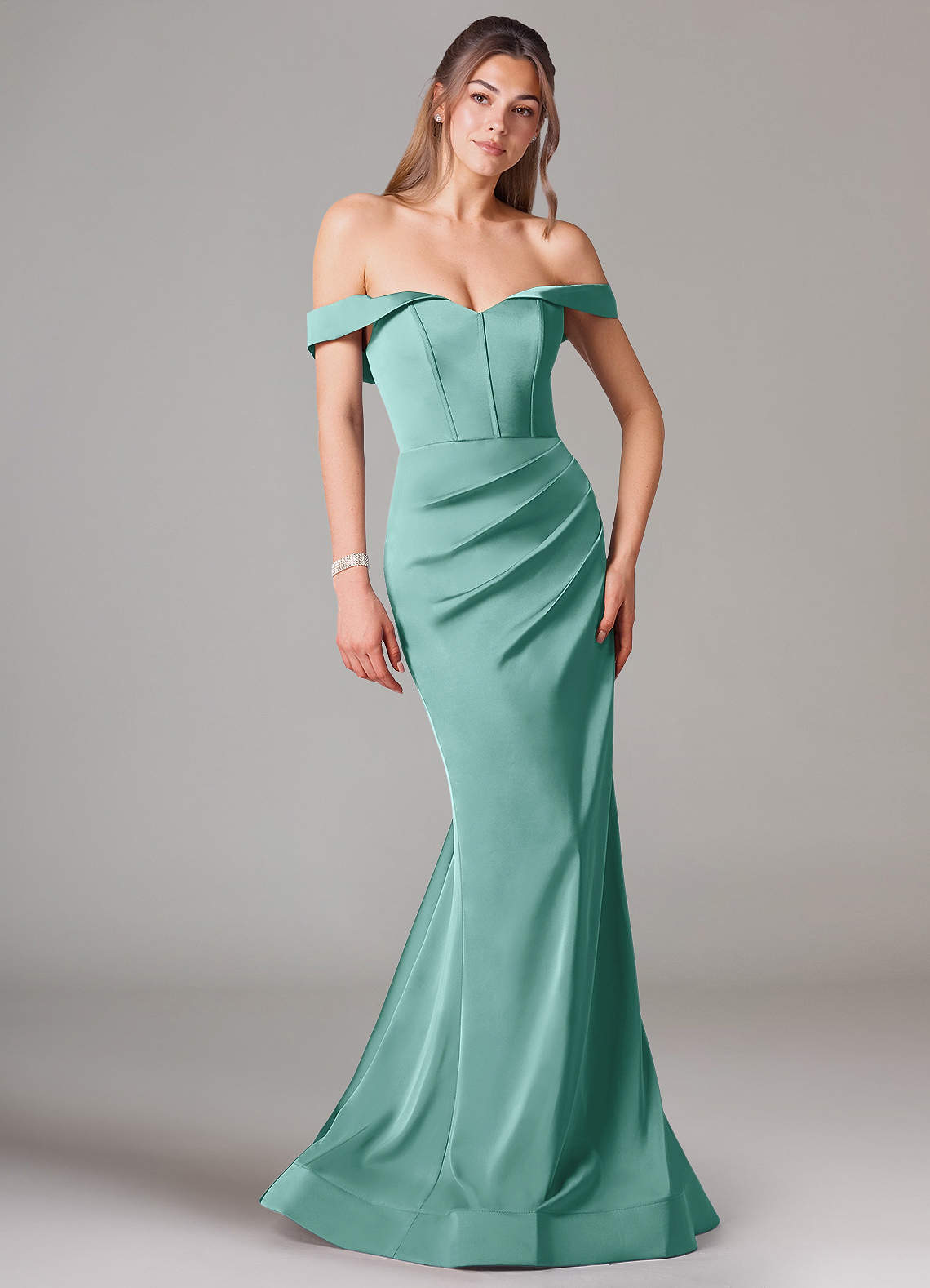 Azazie Everly Bridesmaid Dresses Aqua Mermaid Off the Shoulder Stretch Satin Convertible Dress image1