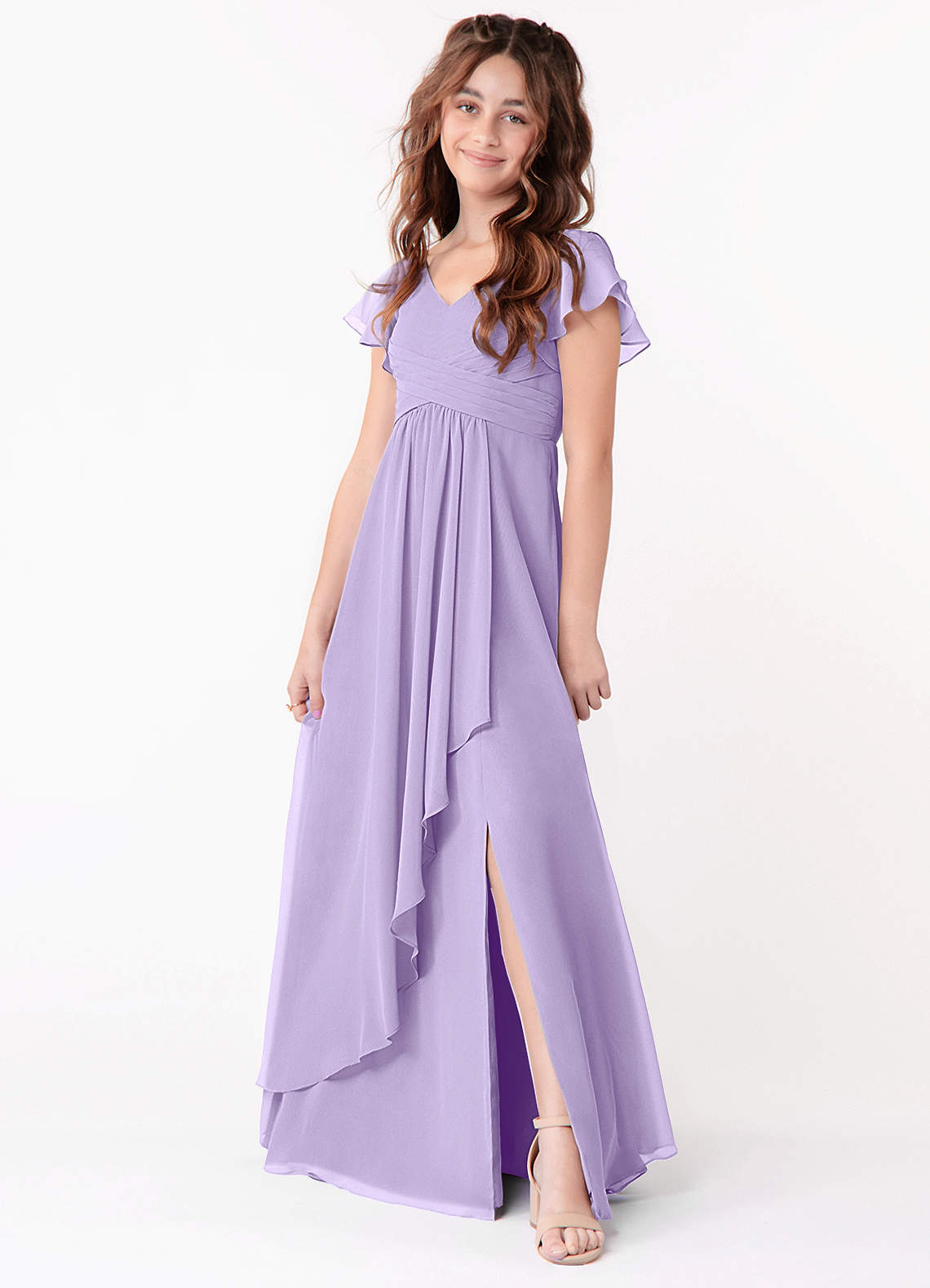 Azazie Omari Junior Abito A-Line in Chiffon Increspato Lilla image1
