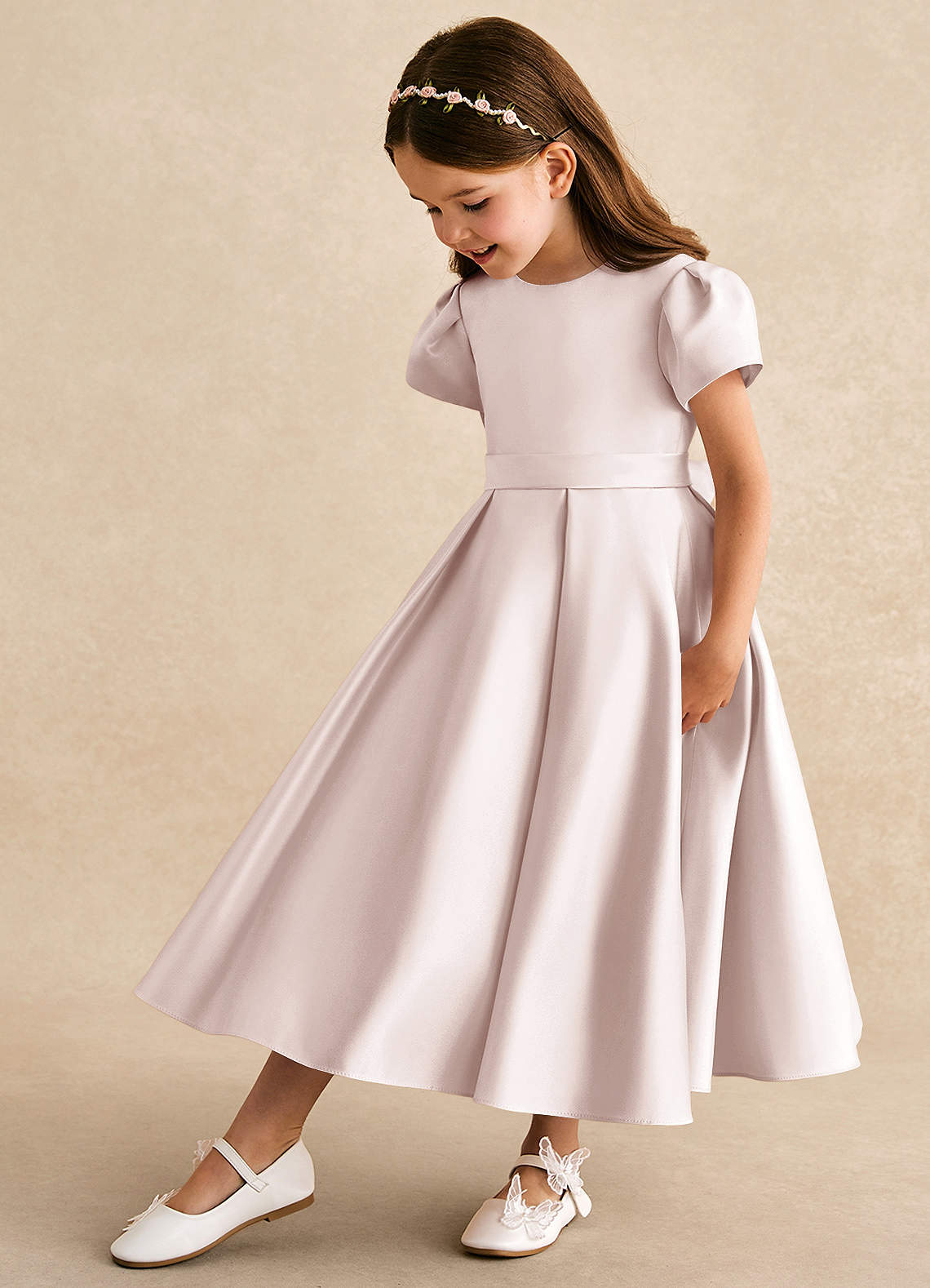 Azazie Princess Flower Girl Dresses Rose Petal A-Line Pleated Matte Satin Dress image1