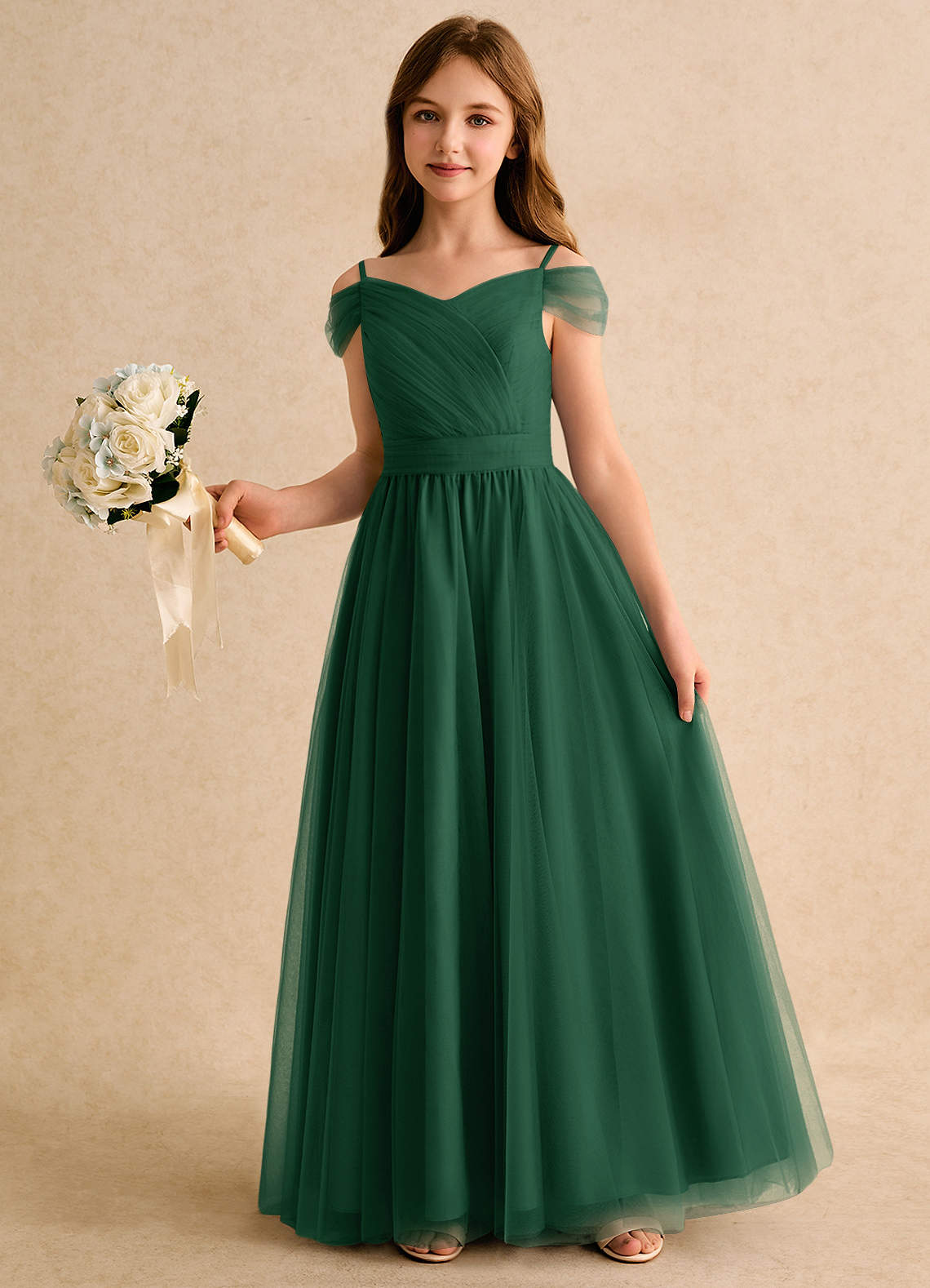 Azazie A-Line/Princess Off The Shoulder Floor-Length Tulle Flower Girl Dresses - Dark Green Azazie A-Line/Princess Off The Shoulder Floor-Length Tulle Flower Girl Dresses - Dark Green