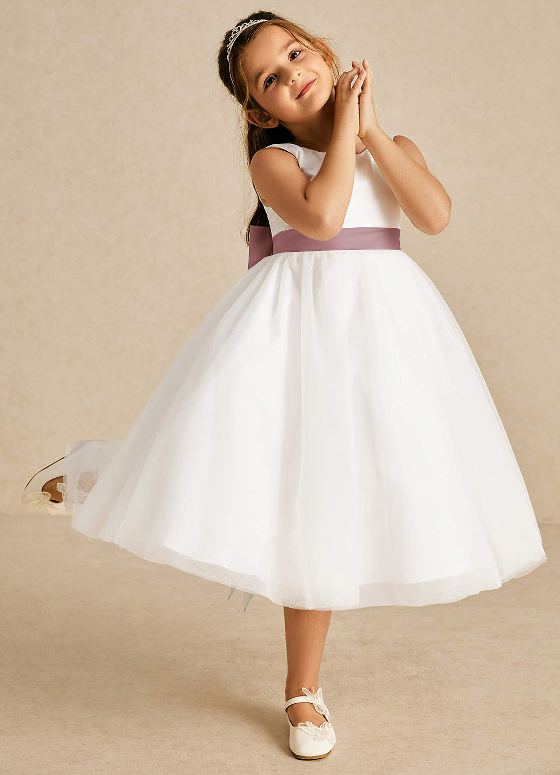 Azazie Kavi Flower Girl Dresses Ivory Dusty Rose A-Line Bow Matte Satin Dress image4