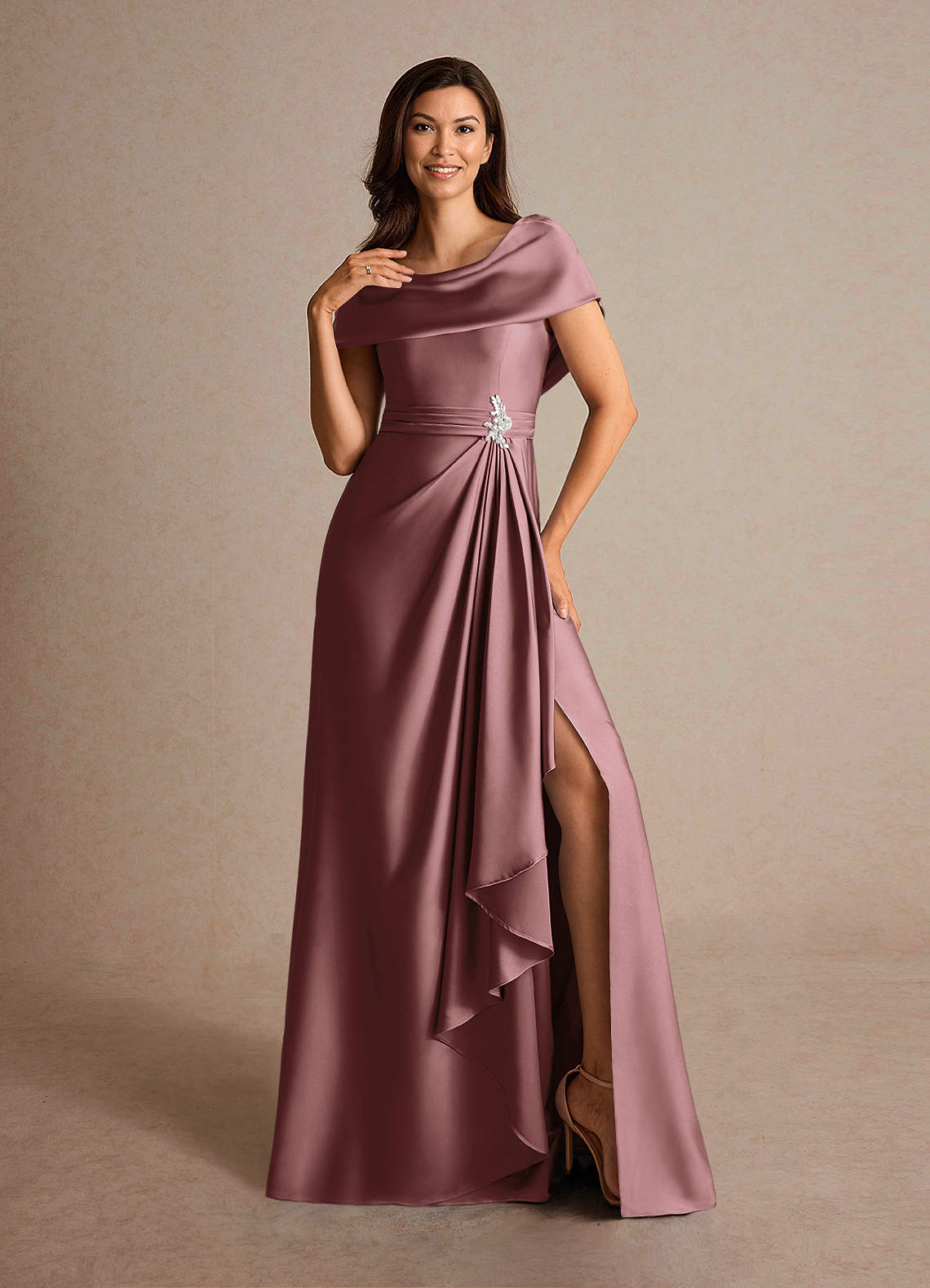 Azazie Branford Vintage Mauve A-Line Pleated Stretch Satin Dress