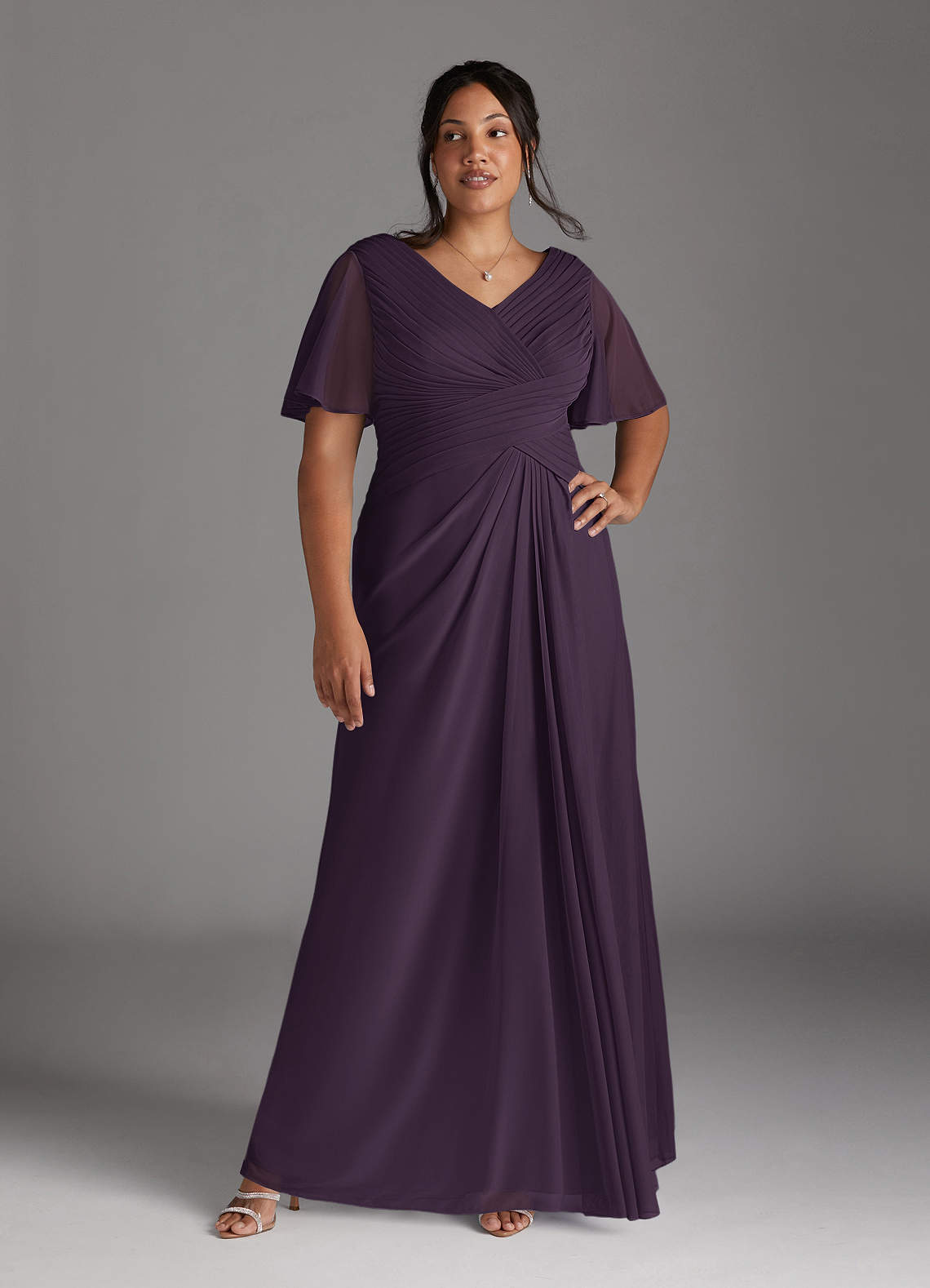 Azazie Emmeline Mother of the Bride Dresses Plum A-Line V-Neck Pleated Mesh Dress image7