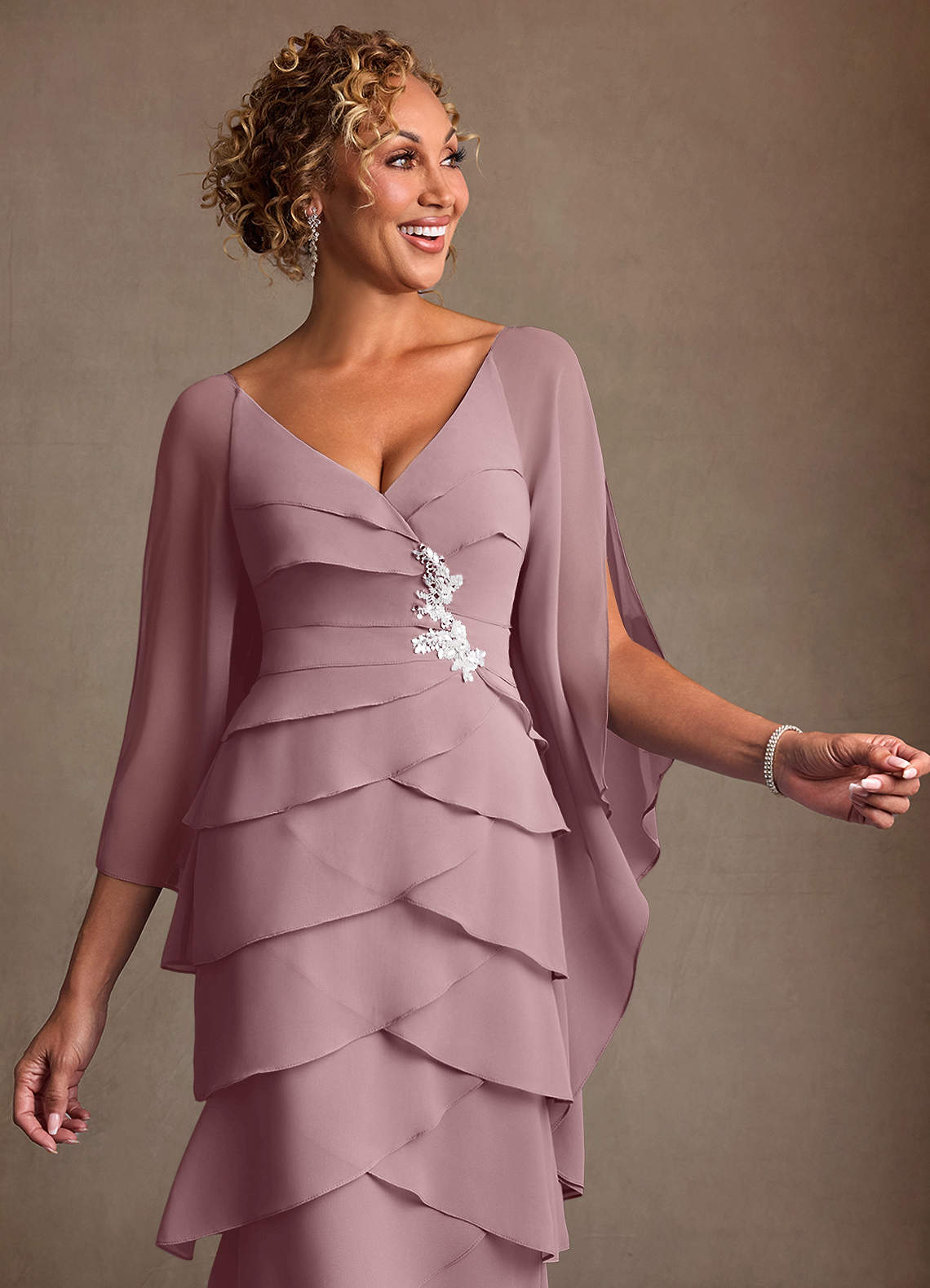 Azazie Arabinda Final Sale Dusty Rose Sheath Ruched Chiffon Dress image4