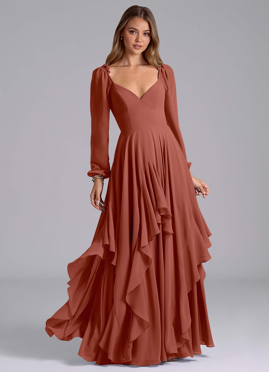 Azazie Karan Bridesmaid Dresses Auburn A-Line Long Sleeve Chiffon Dress image1