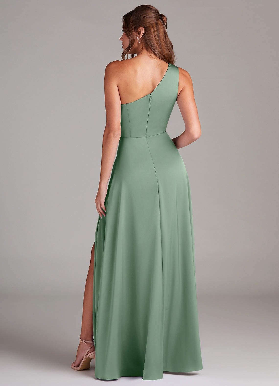 Azazie Brooke Jurken voor bruidsmeisjes Jurk van Stretch Satijn met A-Lijn One-Shoulder Matcha image6