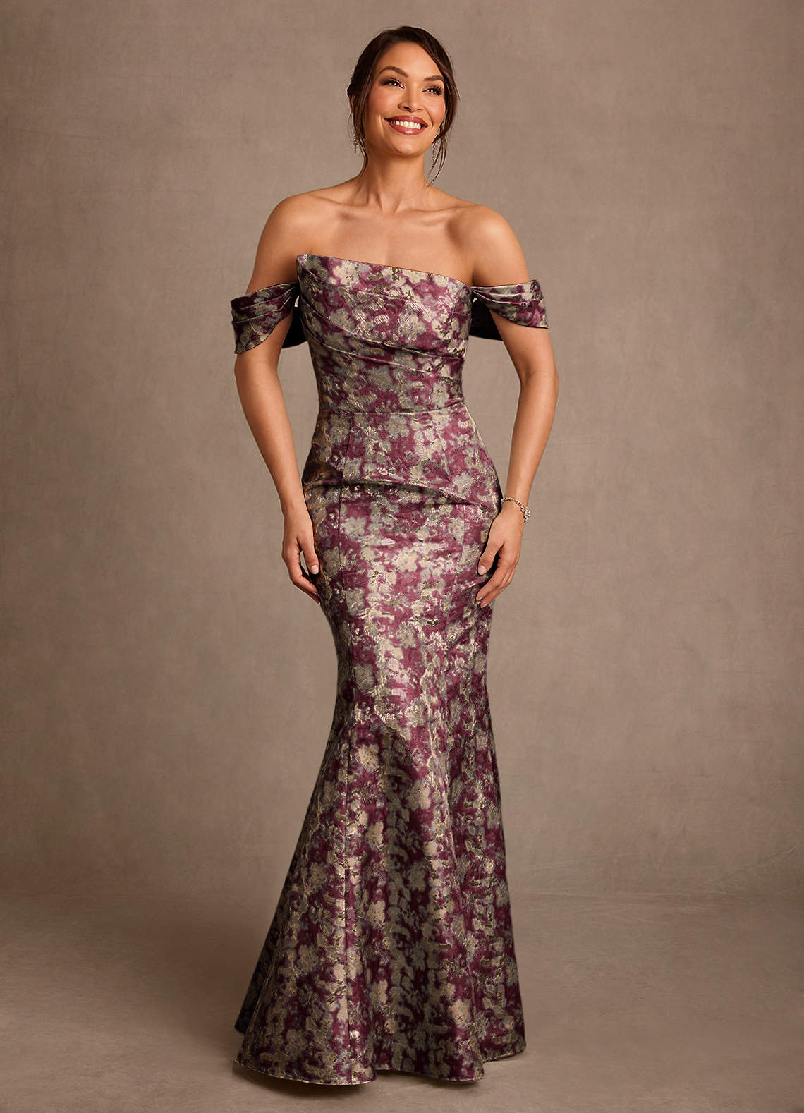 Azazie Nettie Cabernet Mermaid Off the Shoulder Jacquard Dress