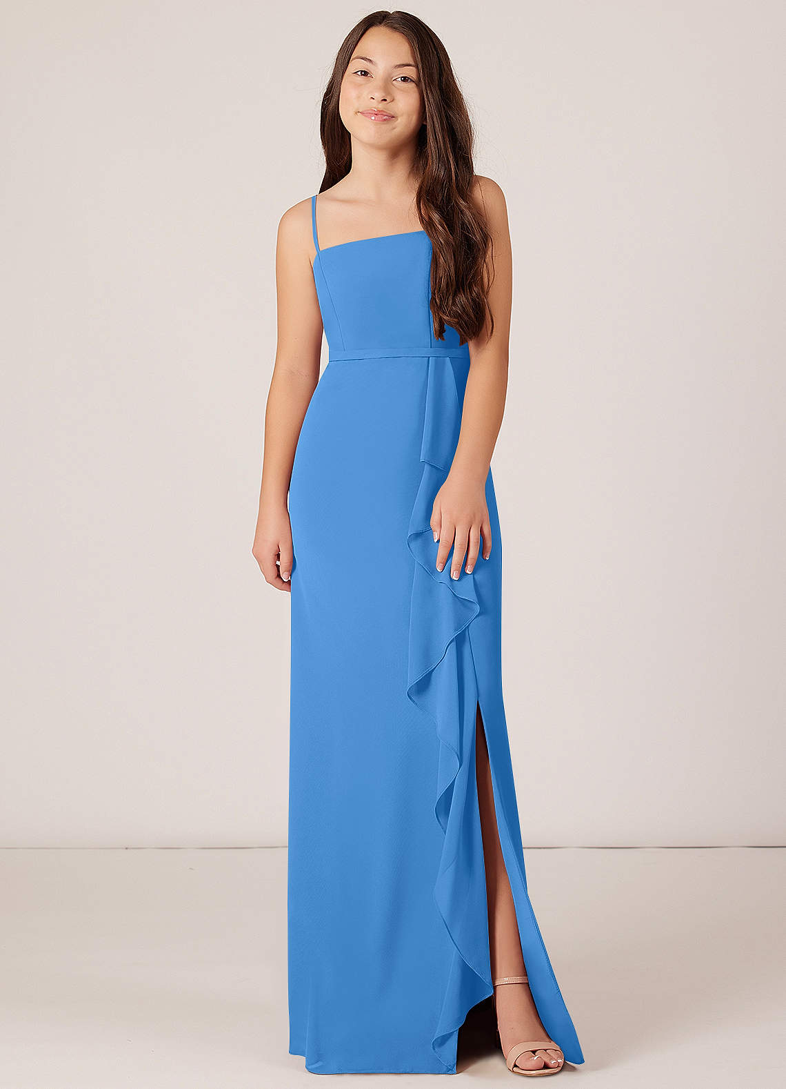 Azazie Kaylee Junior Robe Trapèze en Mousseline de soie avec ceinture Geai Bleu image1