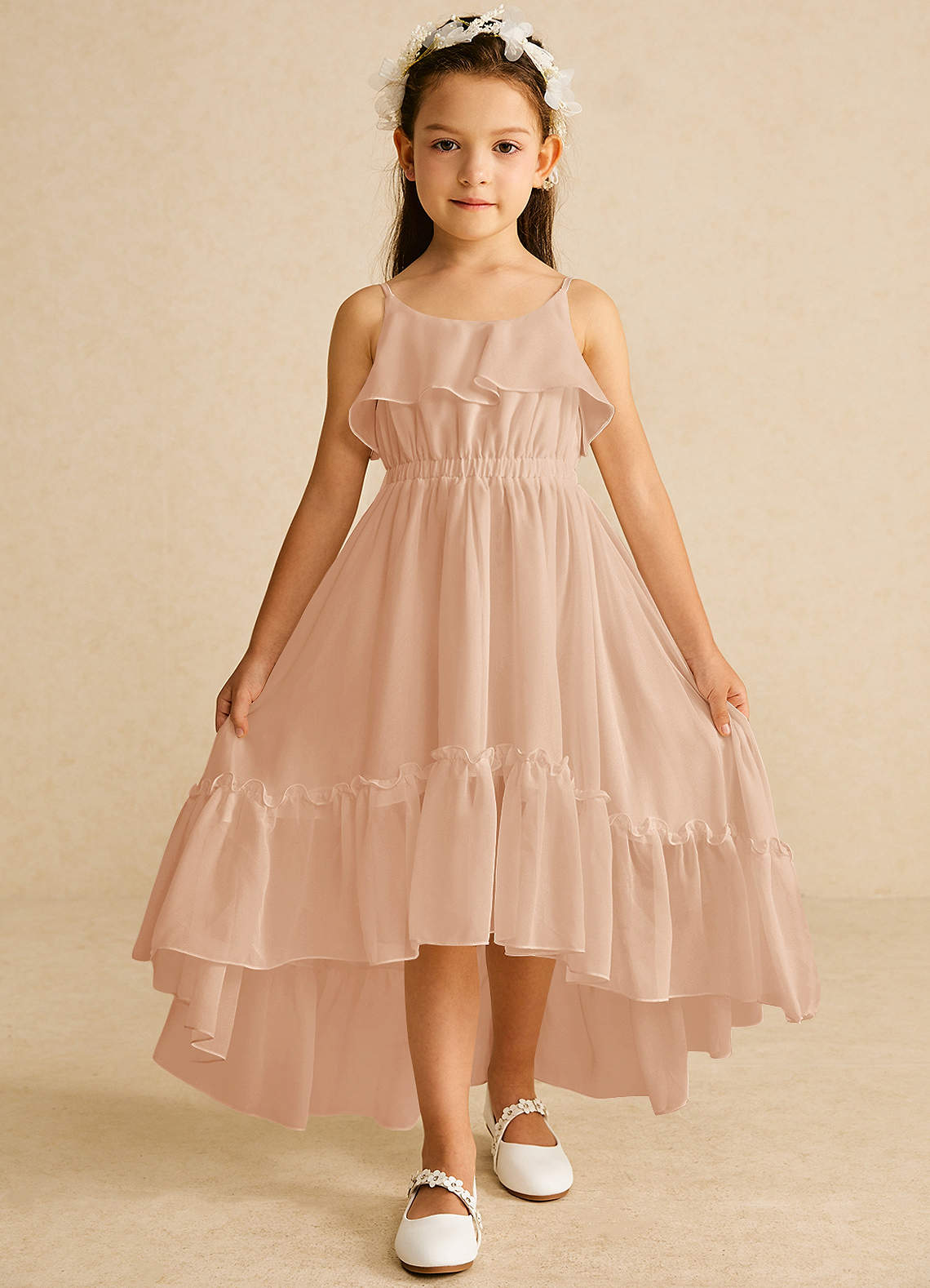 Azazie Karmen Abiti da Ragazza di Fiori Abito A-Line in Chiffon Increspato Rosa Inglese image1