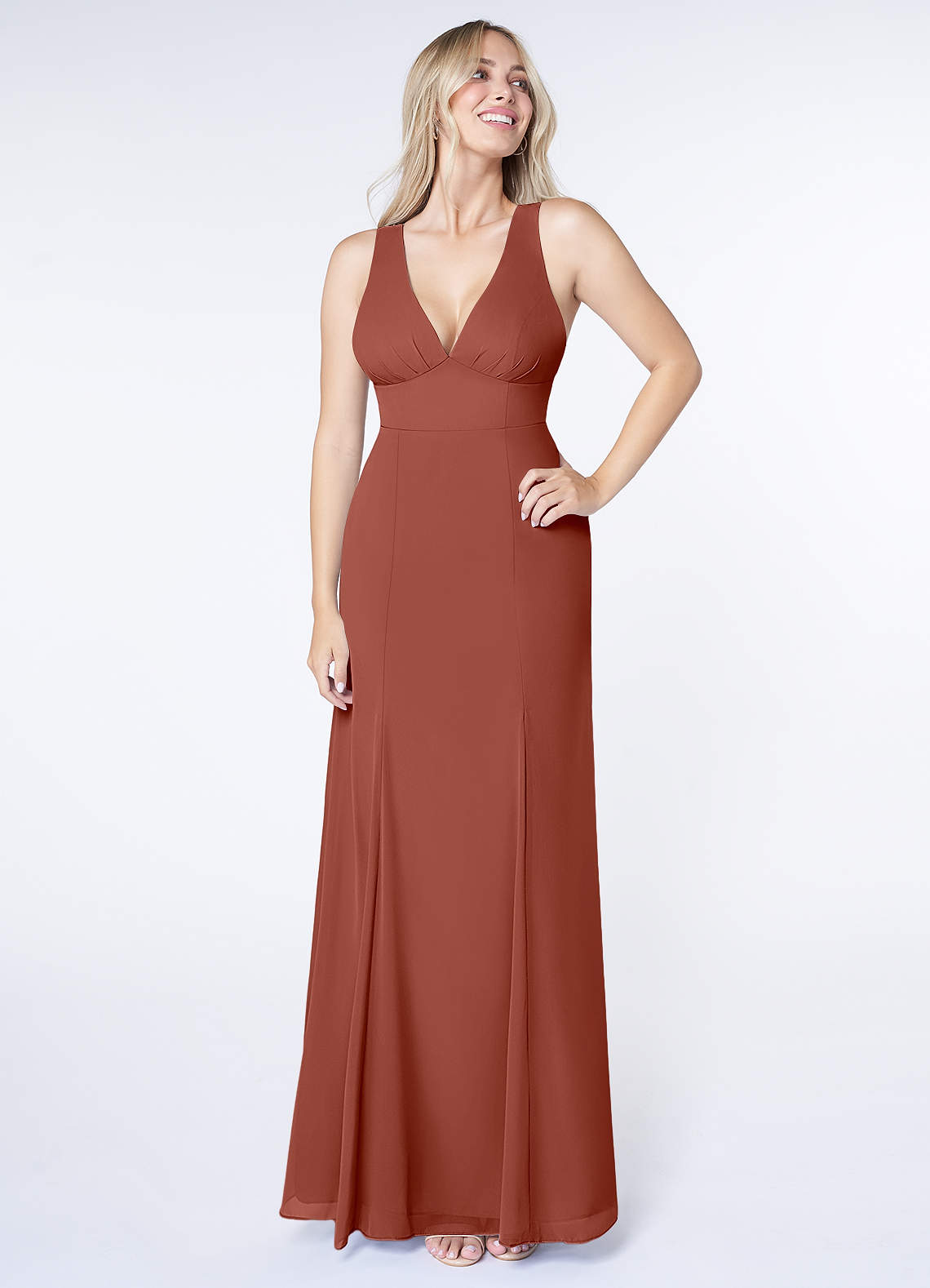 Azazie Christiana Bridesmaid Dresses Auburn A-Line V-Neck Pleated Chiffon Dress image1
