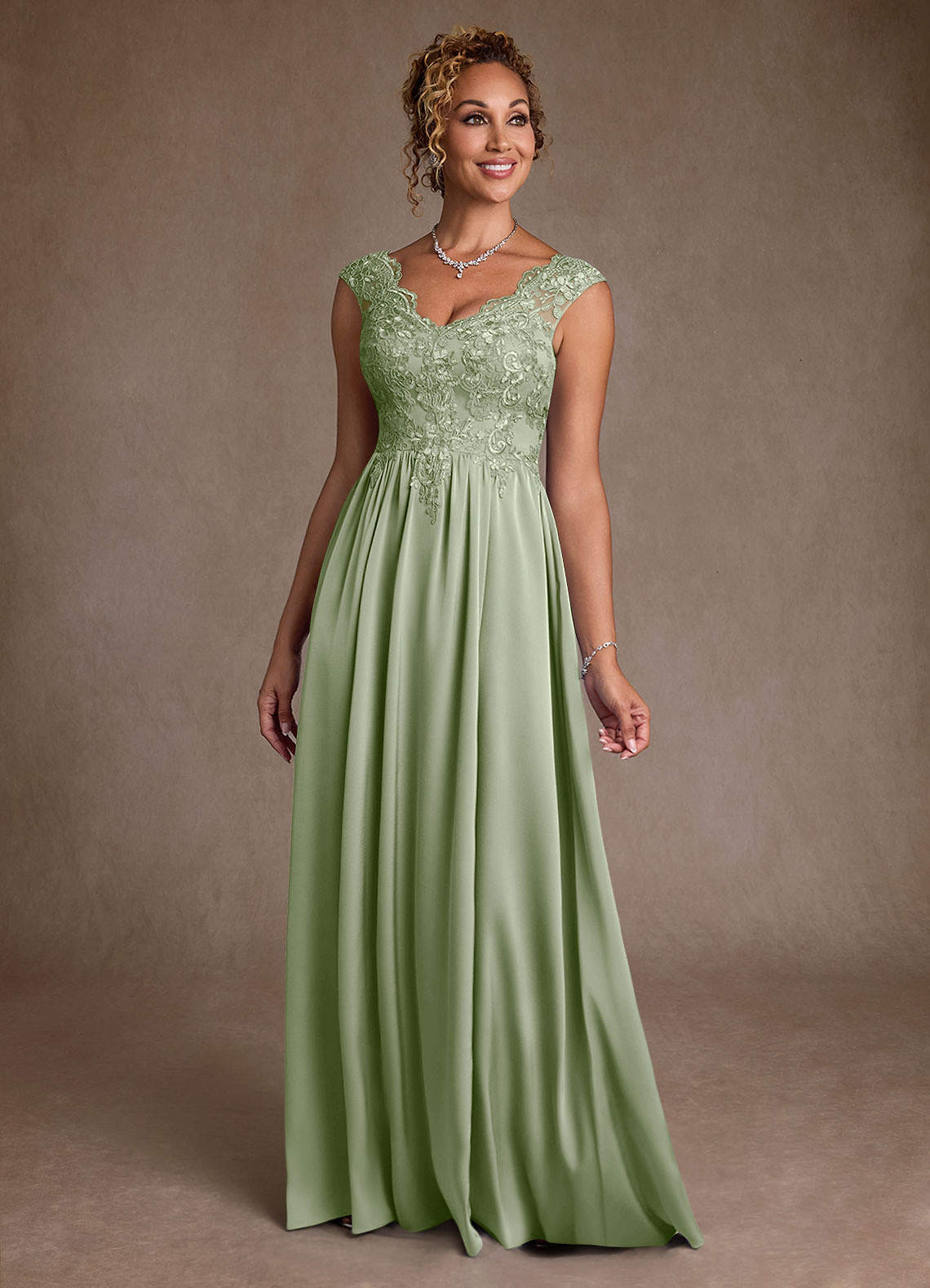Azazie Amethyst Mother of the Bride Dresses Dusty Sage A-Line Lace Dress image1
