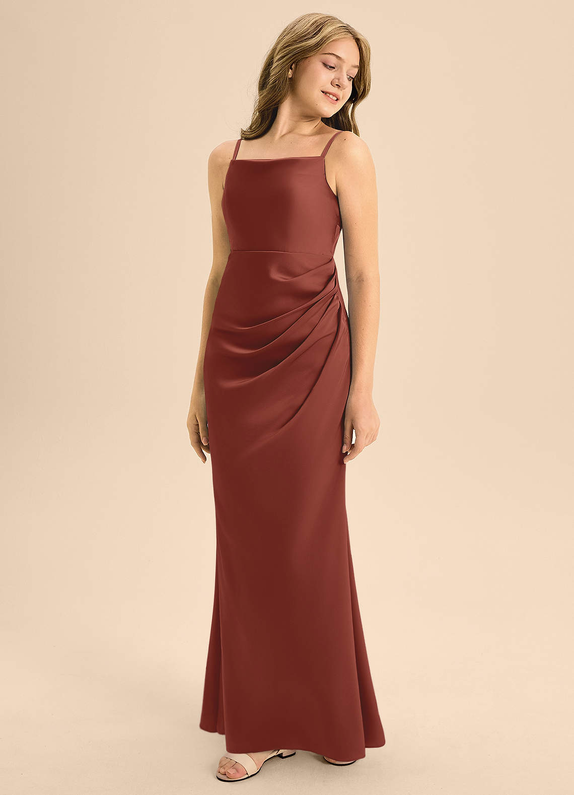 Azazie Renna Junior Auburn A-Line Pleated Stretch Satin Dress image1
