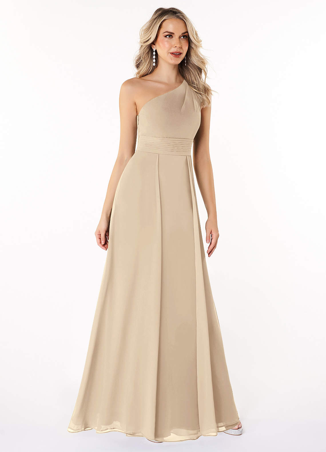 Azazie Dallas Bridesmaid Dresses Champagne A-Line One Shoulder Chiffon Dress image2