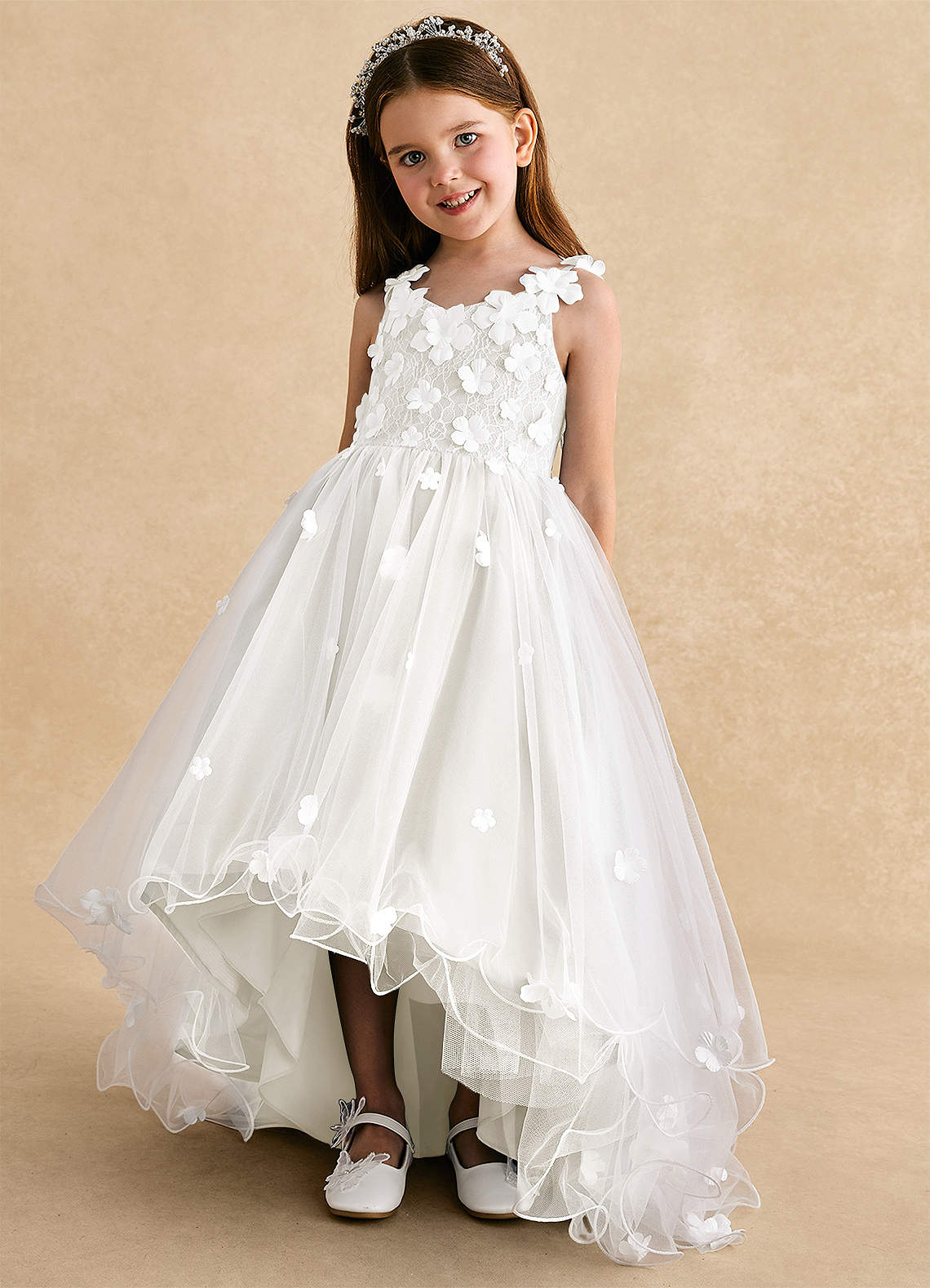 Azazie Celia Vestidos de florista Vestido Diamante Branco de Tule de Linha A com Renda image5