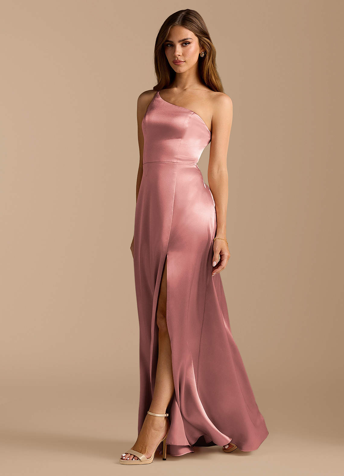 Azazie Trina Bridesmaid Dresses Dusty Rose A-Line One Shoulder Metallic Satin Dress image1