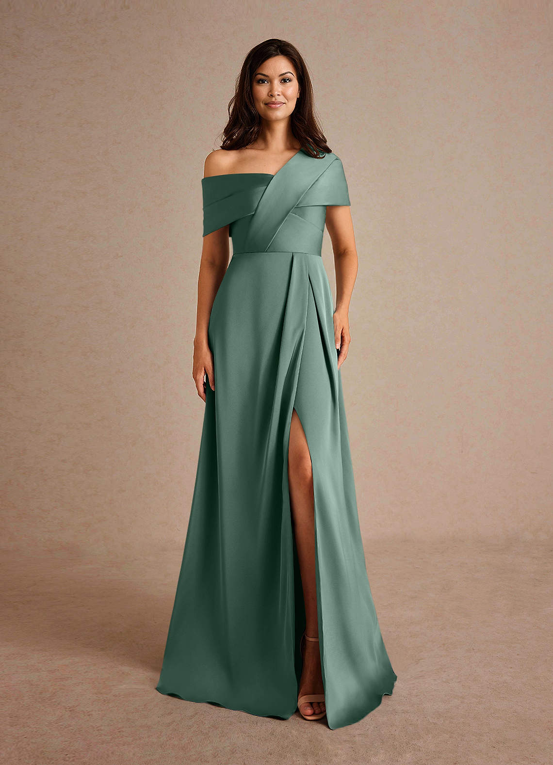 Azazie Milton Vestidos para mãe da noiva Vestir Eucalipto de Cetim elástico de Linha A com Plissado image6