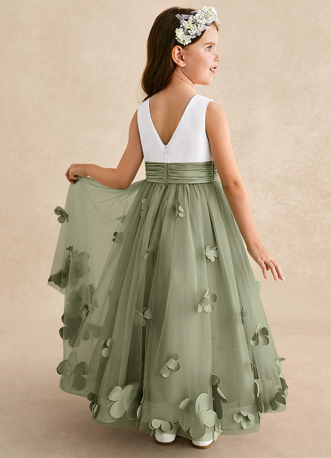 Azazie Vi Flower Girl Dresses Pistachio A-Line Sleeveless Tulle Dress image1