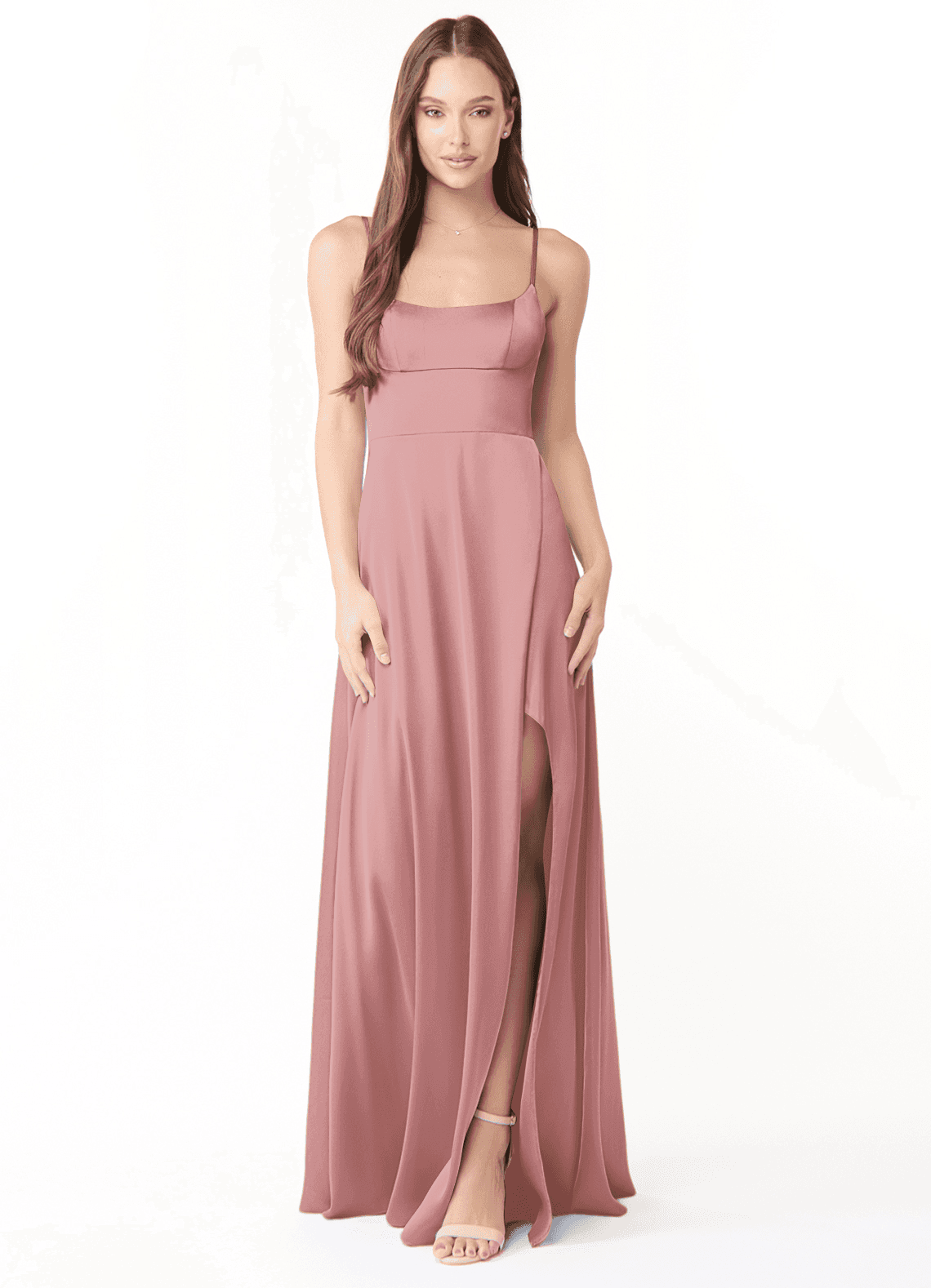 Azazie Halsey Bridesmaid Dresses Dusty Rose Sheath Side Slit Stretch Satin Dress image1