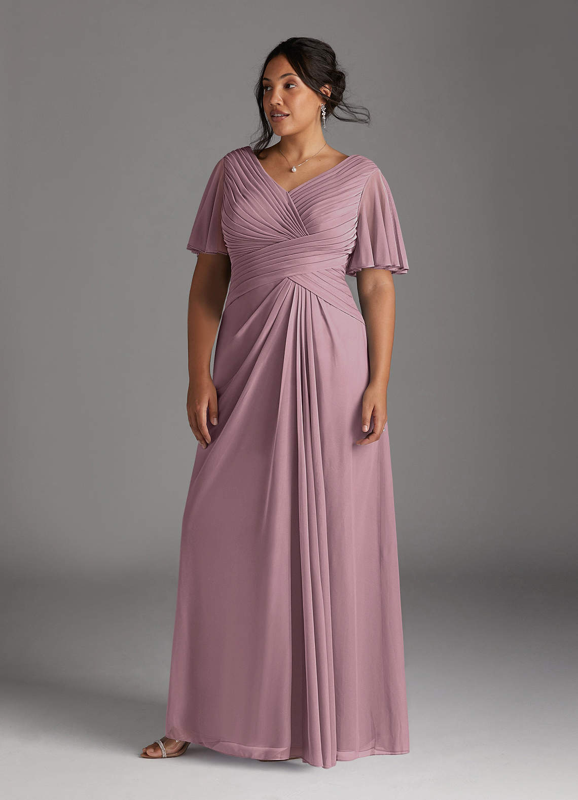 Azazie Emmeline Mother of the Bride Dresses Dusty Rose A-Line V-Neck Pleated Mesh Dress image6