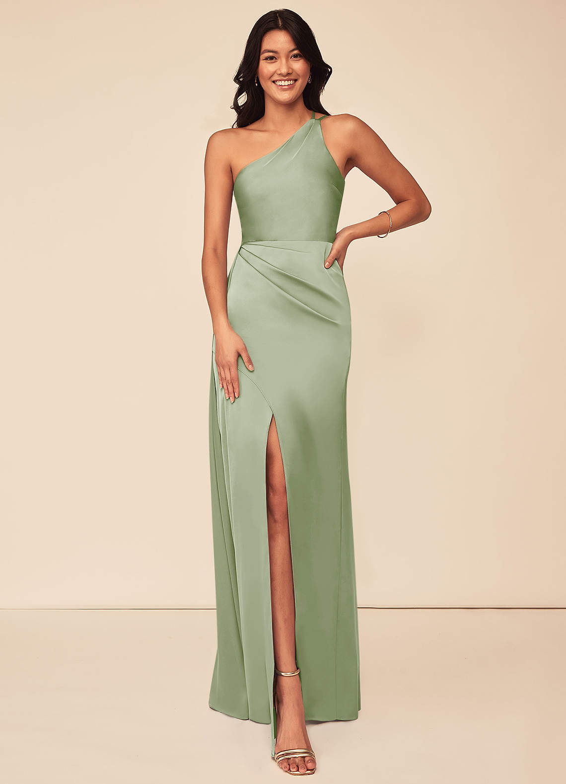 Azazie Maron Bridesmaid Dresses Dusty Sage A-Line One Shoulder Stretch Satin Dress image1