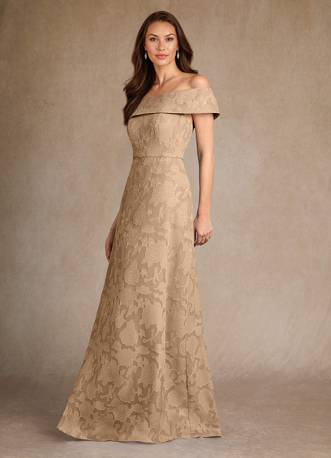 Azazie Medford Mother of the Bride Dresses Champagne A-Line Off the Shoulder Floral Burnout Dress image1