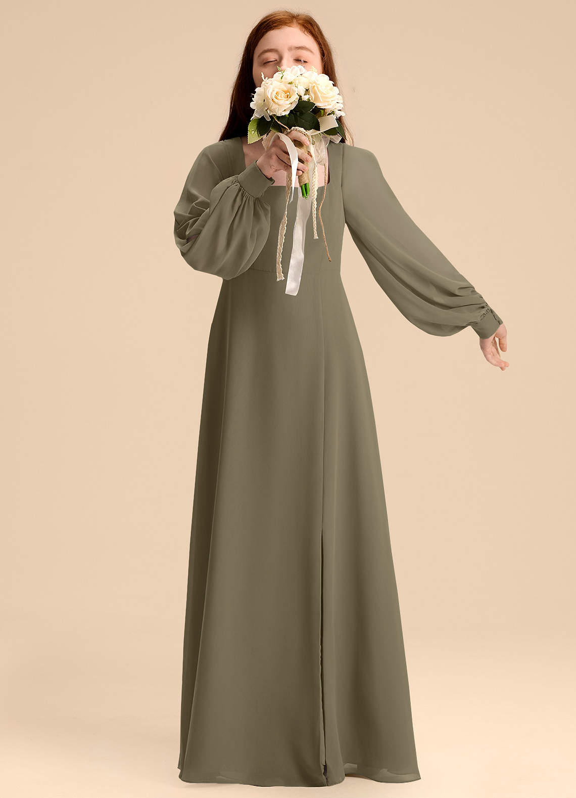Azazie Bondi Junior Willow Green A-Line Blouson Chiffon Dress image1