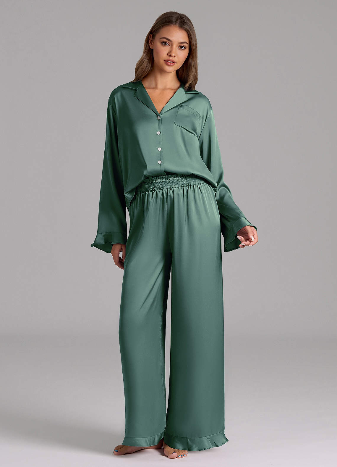 front Matching Color Ruffled Satin Long Sleeve Pajama Set