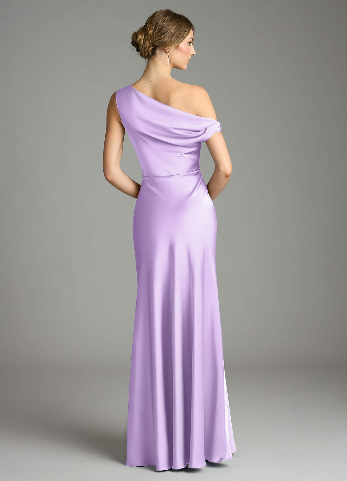 Azazie Emerson Bridesmaid Dresses Lilac Mermaid Off the Shoulder Stretch Satin Dress image2