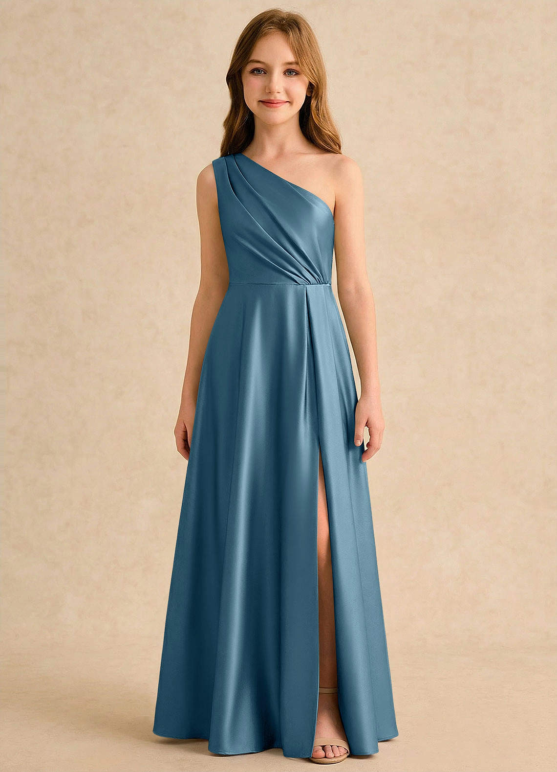 Azazie Puddles Girls Formal Robe Demoiselle D'honneur Fillette Robe Trapèze en Satin extensible Une épaule Bermude image5