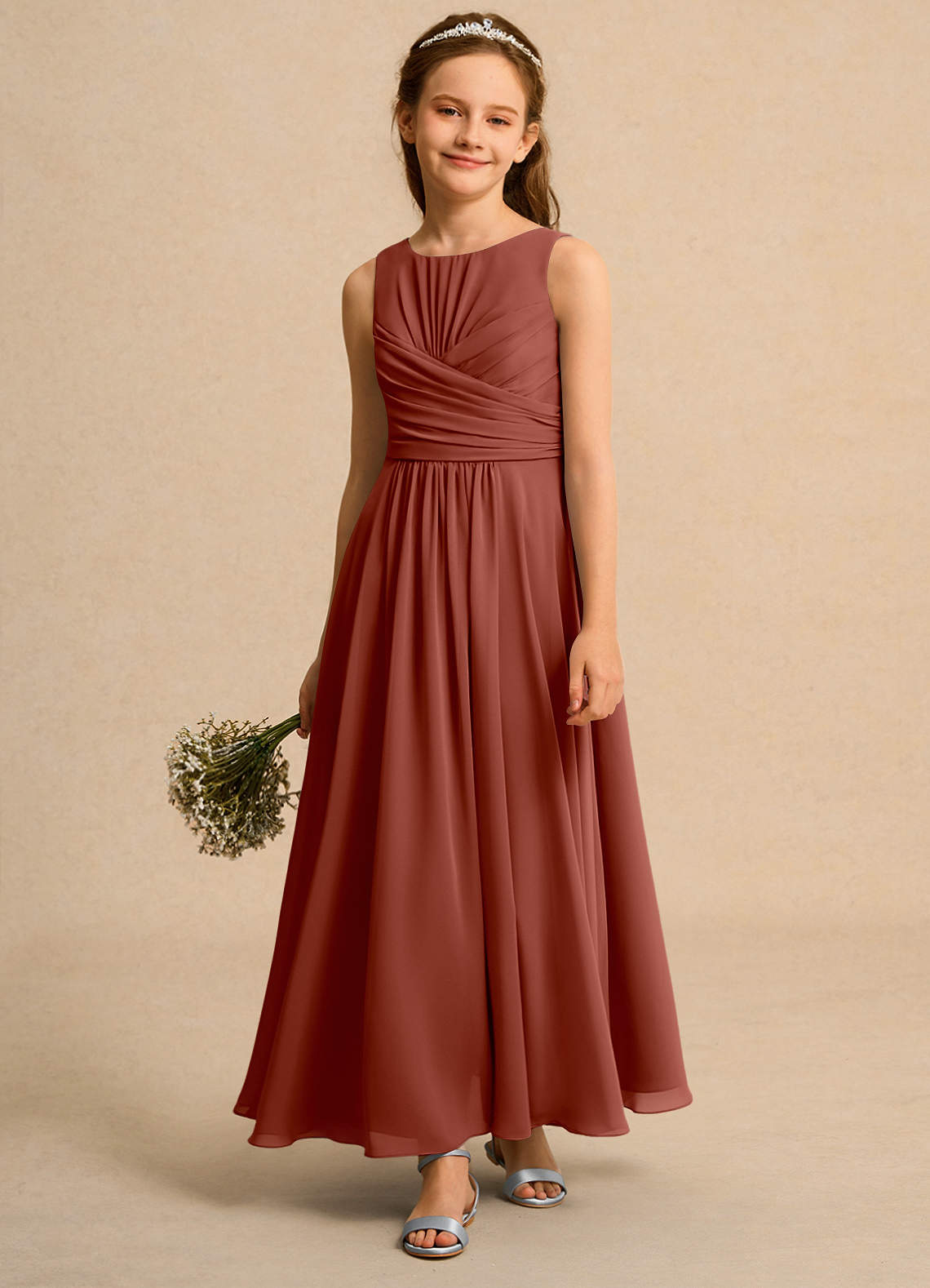 Azazie Ducky Girls Formal Blumenmädchenkleider A-Linie Plissee Chiffon Kleid Rotbraun image3
