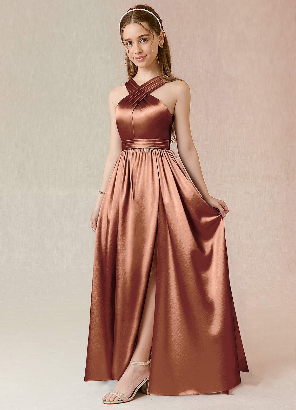 Azazie Jiya Junior Bronzer A-Line Pleated Metallic Satin Dress image1