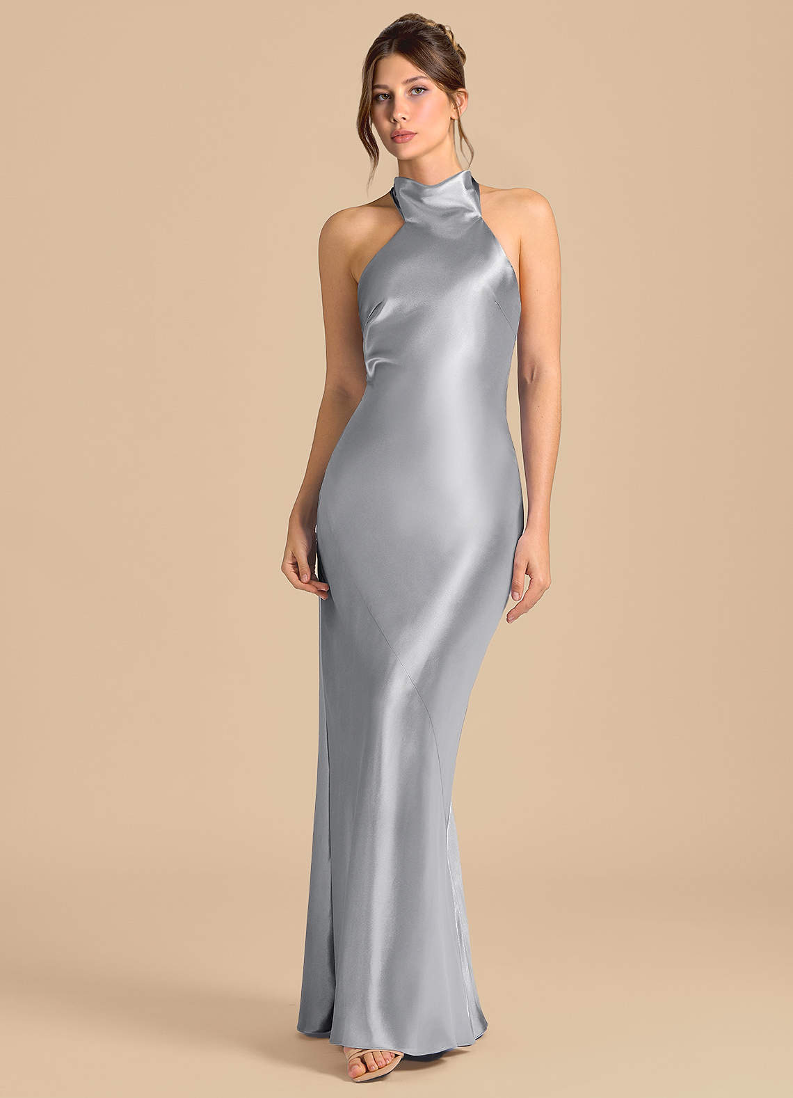 Azazie Velli Morsiusneito Mekot Vaippa Korkea kaulus Metallinen satiini Lattian pituus Pukeutua image3