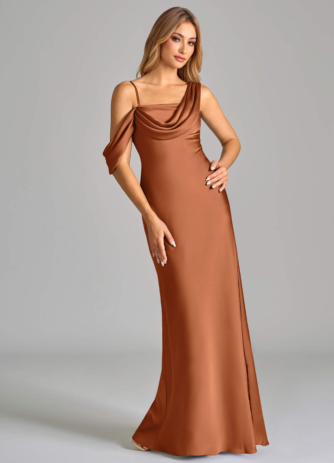 Azazie Celina Bridesmaid Dresses Copper Sheath Off the Shoulder Stretch Satin Dress image1