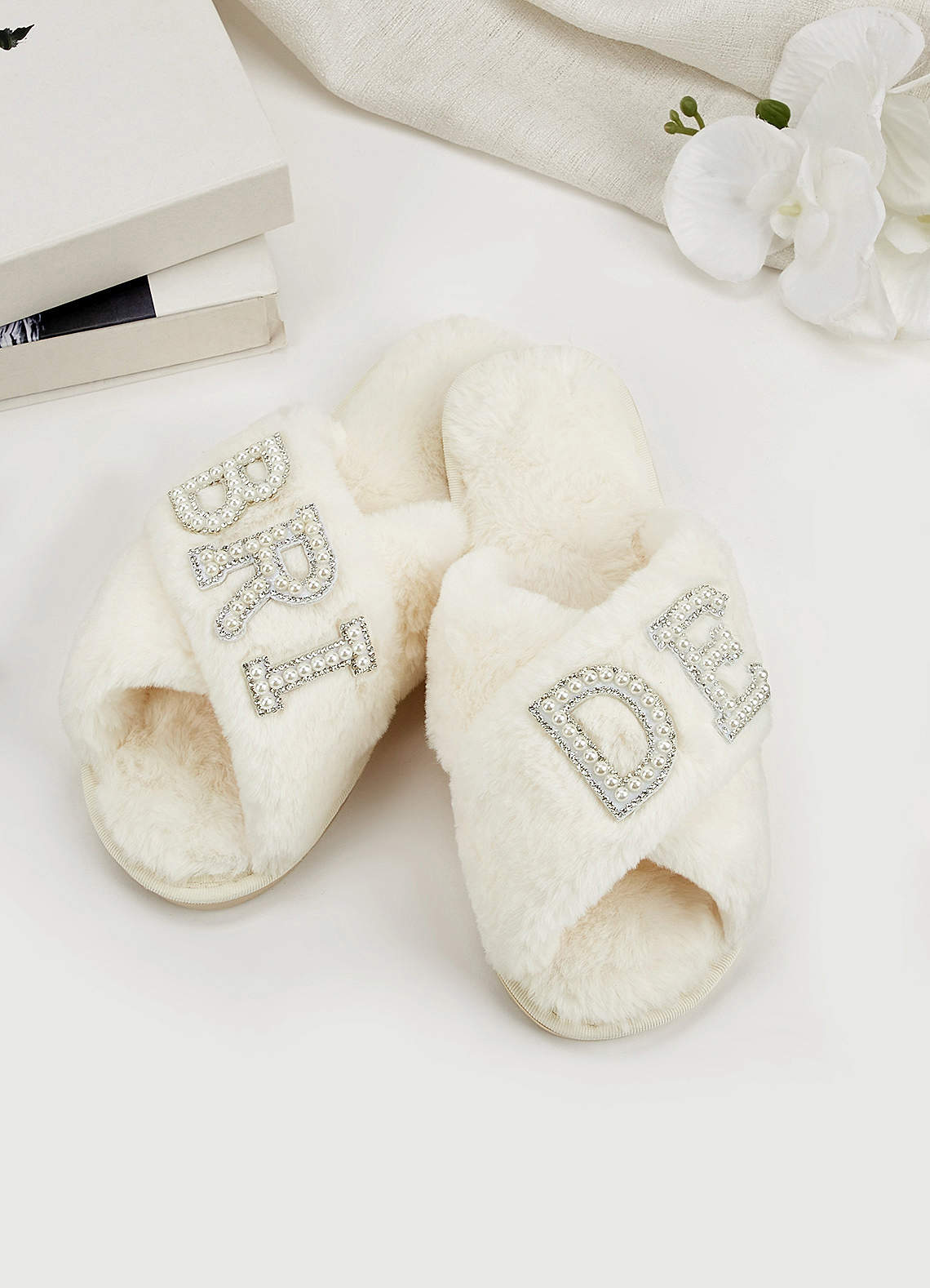 front Fuzzy Pearl Bride Slippers