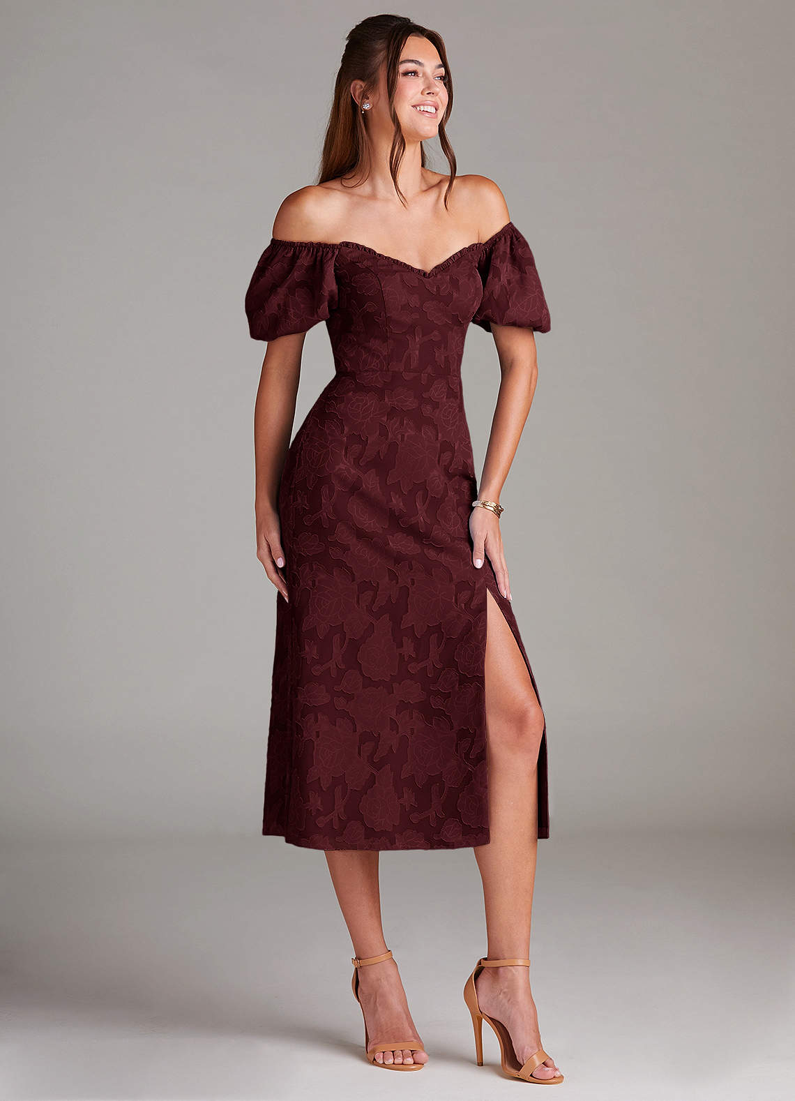 occasion midi dress with sleeves Royal Blue Midi Dress Open Back Cocktail Dress With Puff Sleeves and Tailored Fit