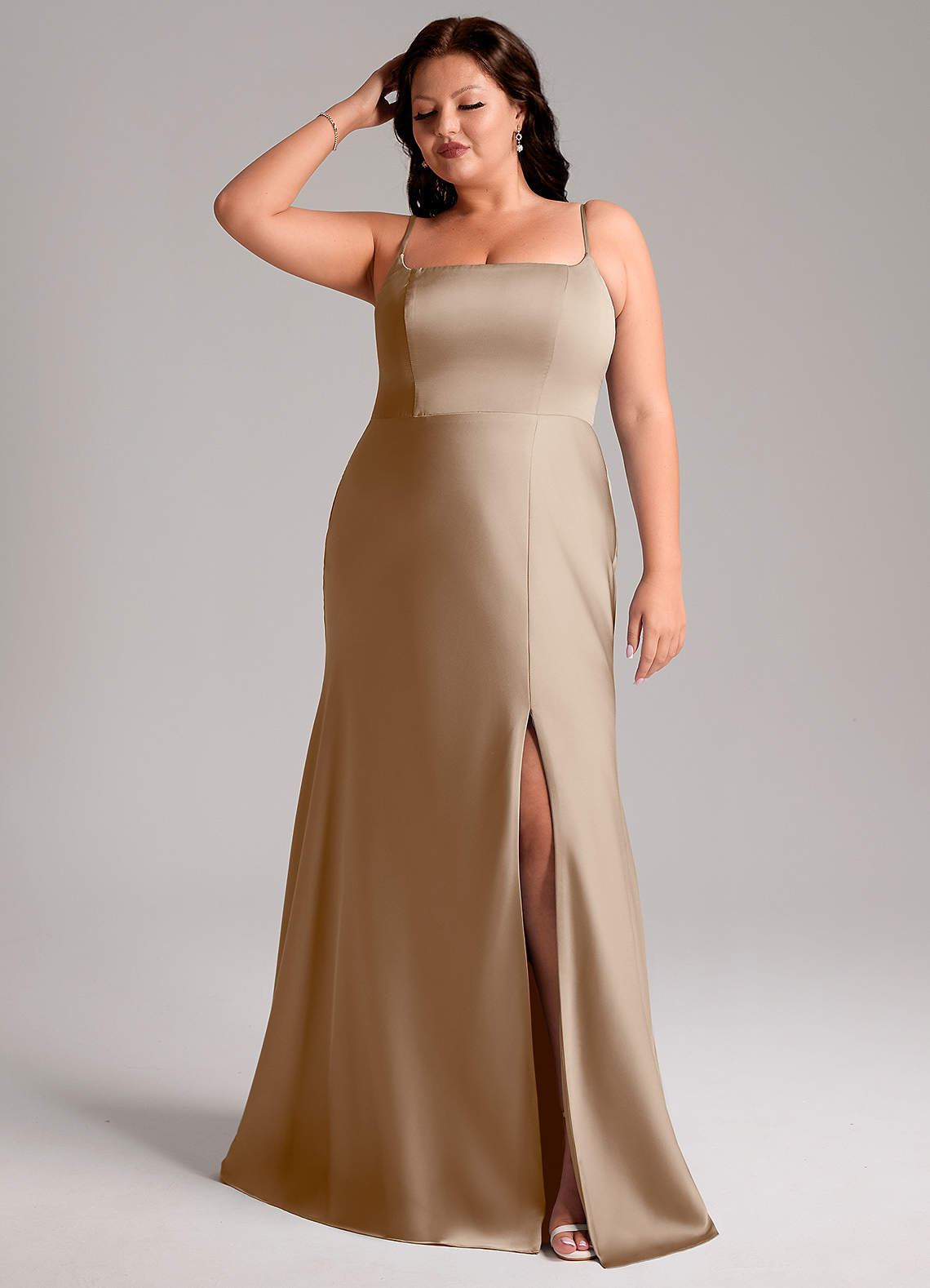 Azazie Lidia Bridesmaid Dresses Taupe Mermaid Side Slit Stretch Satin Dress image1